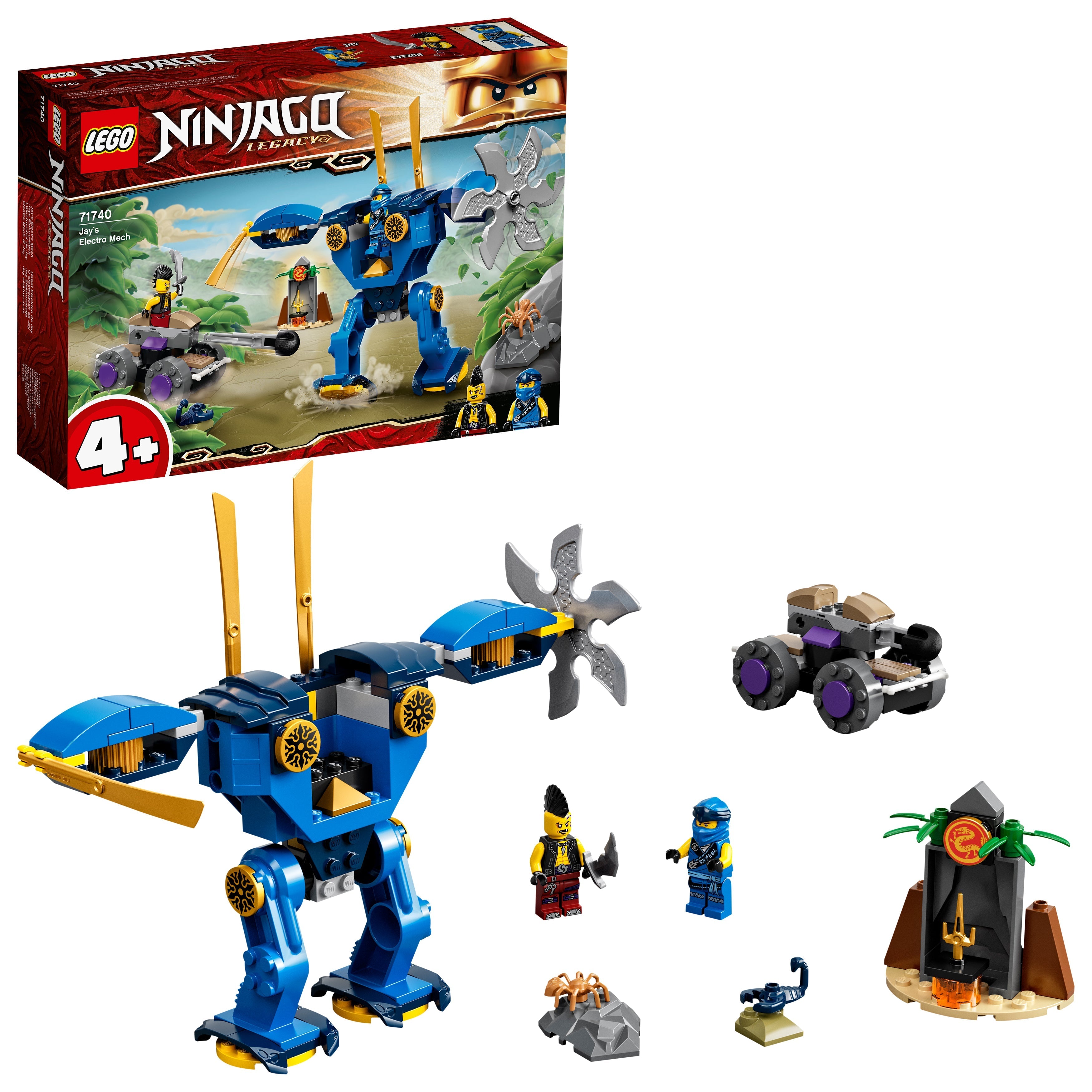 LEGO® NINJAGO Legacy Jay’s Electro Mech Toy 71740 with mech, minifigures, and adventure elements.