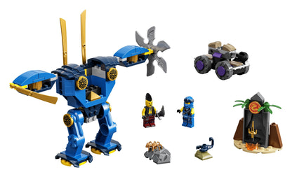 LEGO NINJAGO Legacy Jay's Electro Mech Toy 71740 with mech, minifigures, vehicle, and golden sword display.