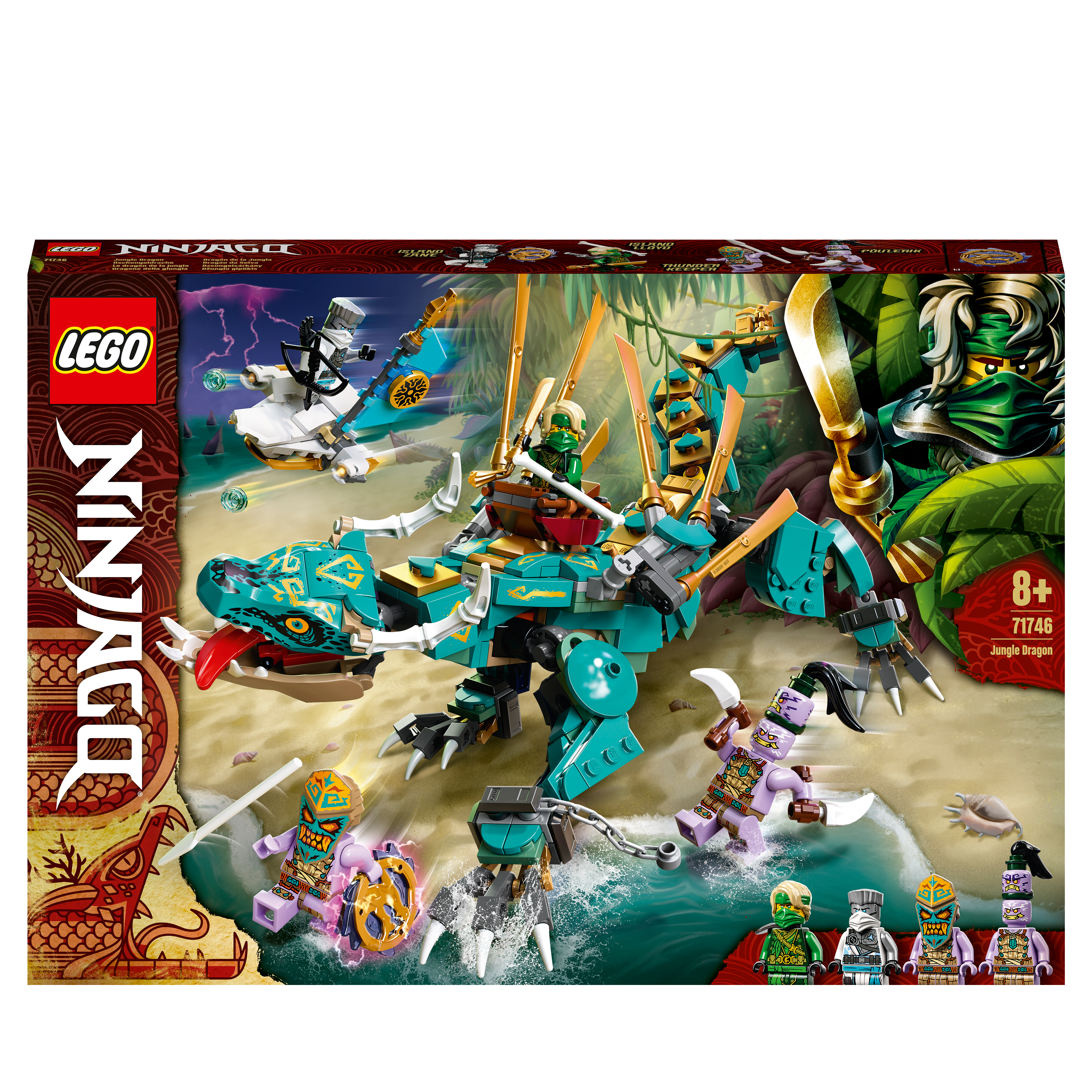 LEGO® NINJAGO Jungle Dragon Toy Set 71746 featuring posable dragon and 4 minifigures for exciting island adventures.
