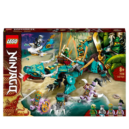 LEGO® NINJAGO Jungle Dragon Toy Set 71746 featuring posable dragon and 4 minifigures for exciting island adventures.