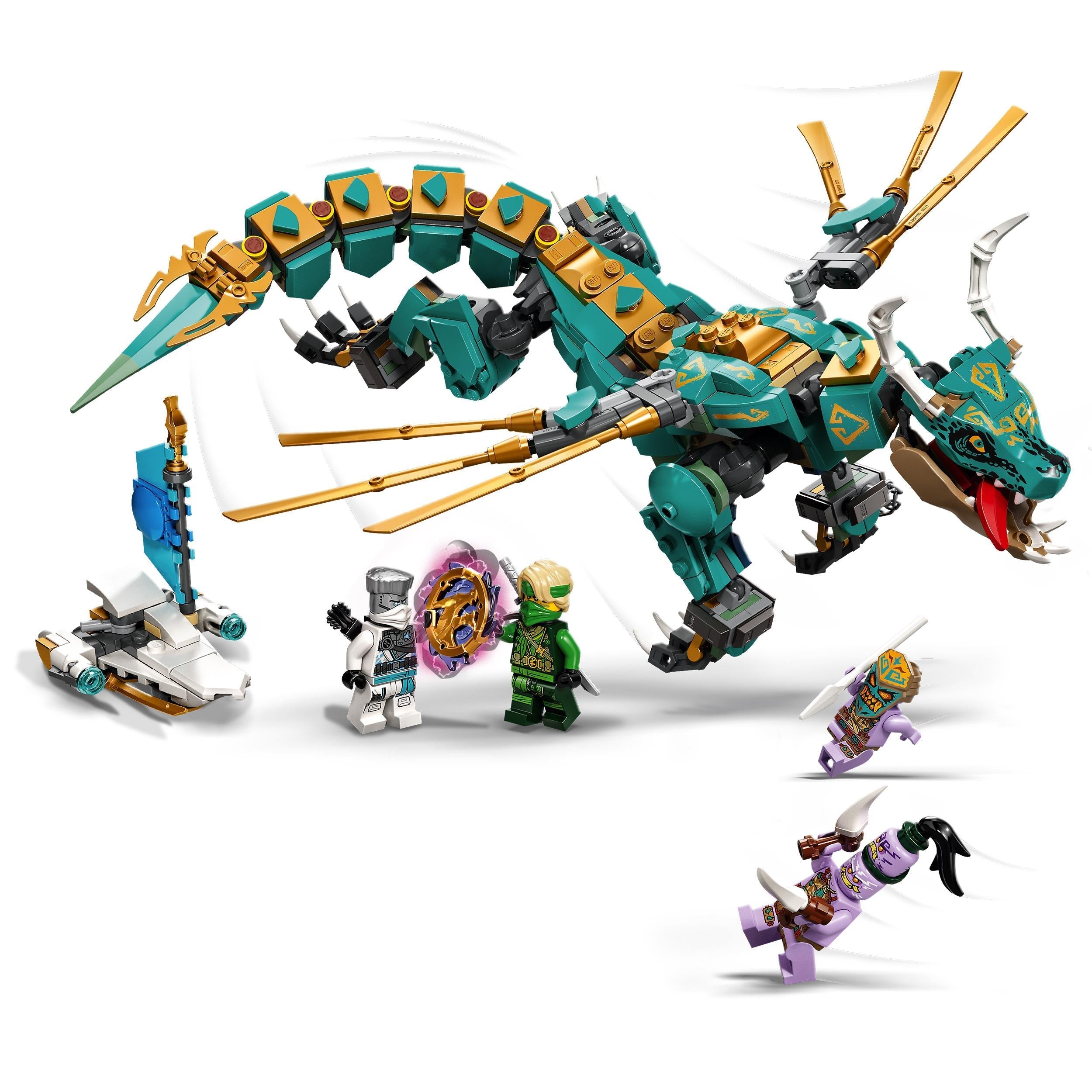 LEGO NINJAGO Jungle Dragon Toy Figure Set 71746 with minifigures in action on an adventure.