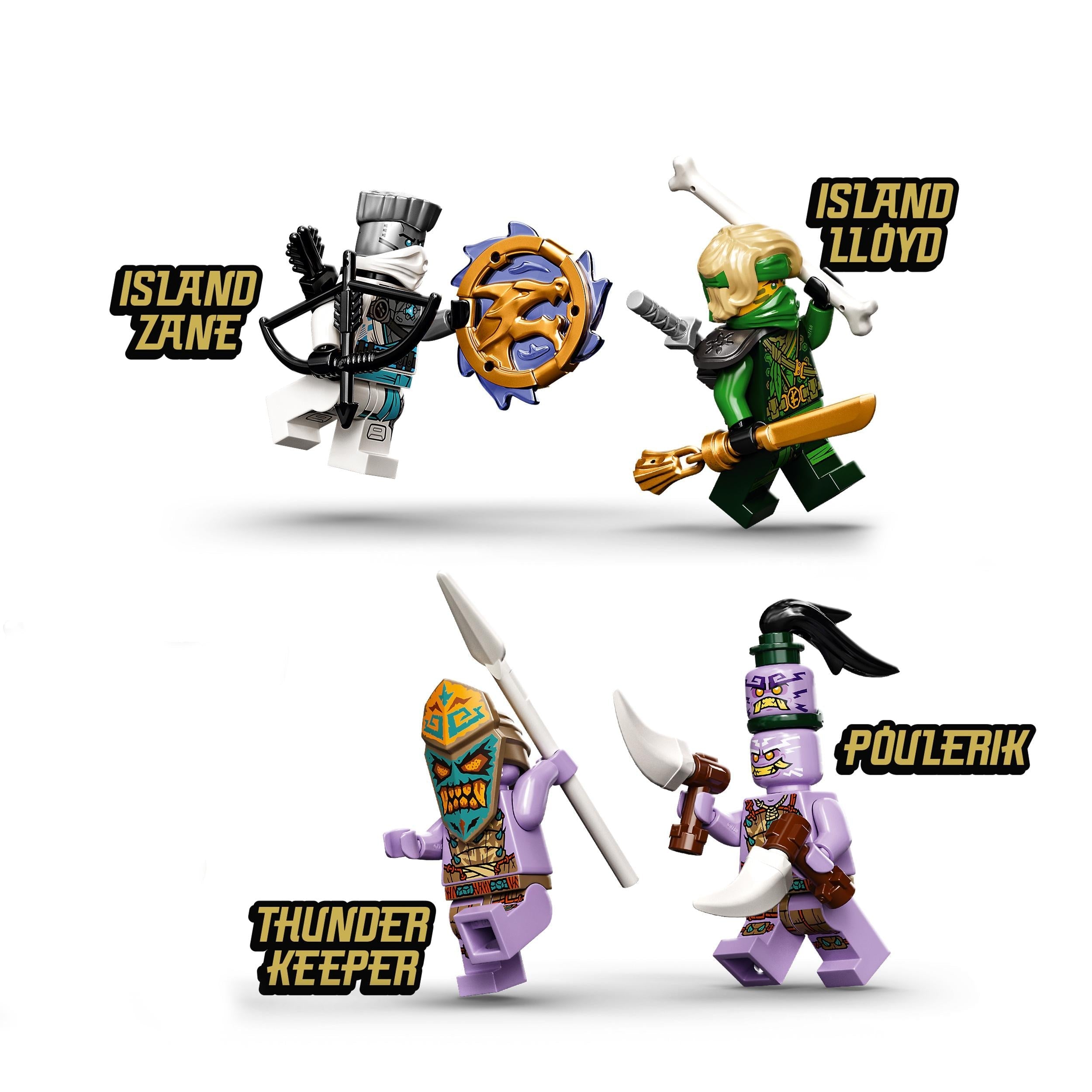 LEGO® NINJAGO Jungle Dragon Toy Set 71746 featuring minifigures: Island Zane, Island Lloyd, Thunder Keeper, and Poulerik.