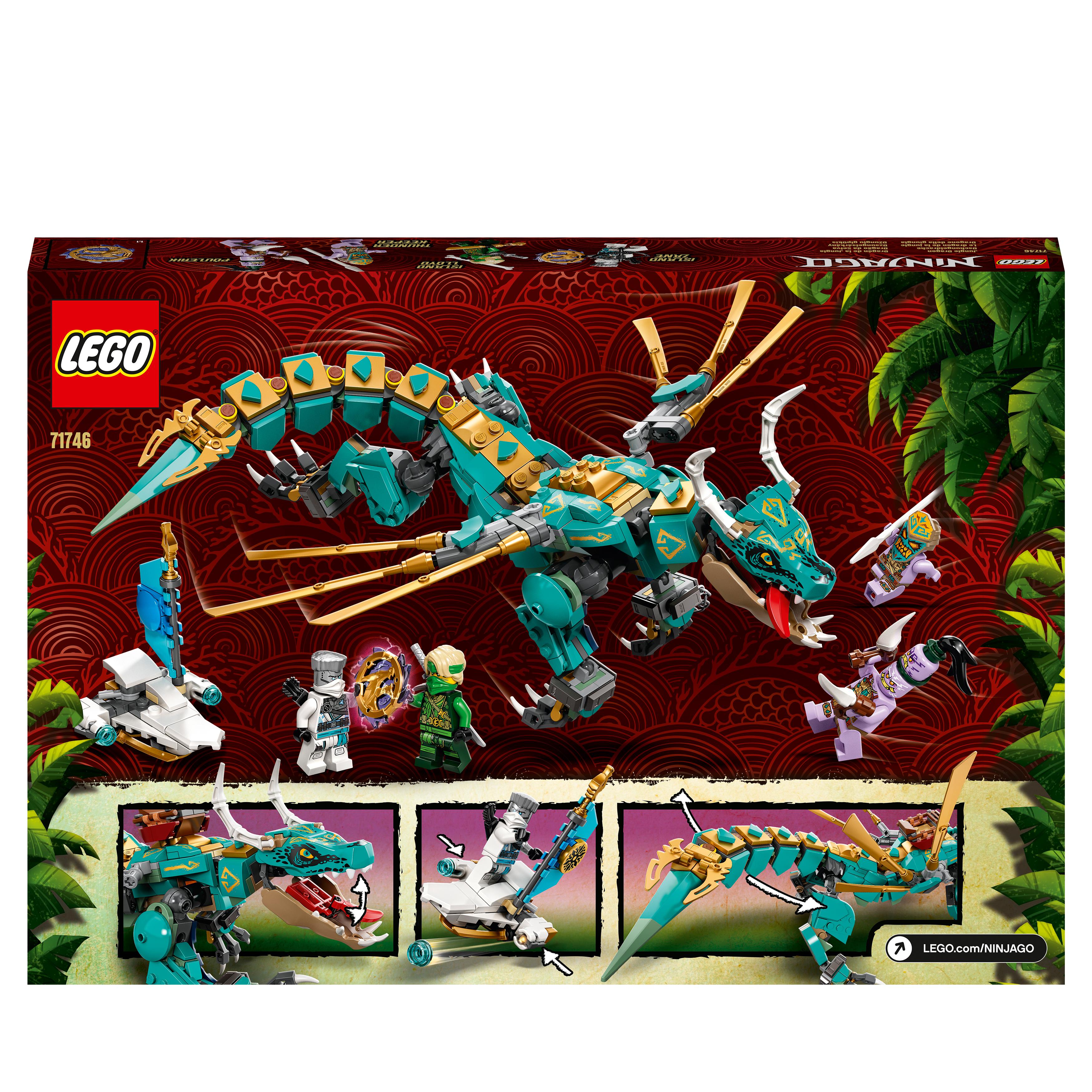 LEGO NINJAGO Jungle Dragon Toy Figure Set 71746 with dragon and 4 minifigures for island adventures.