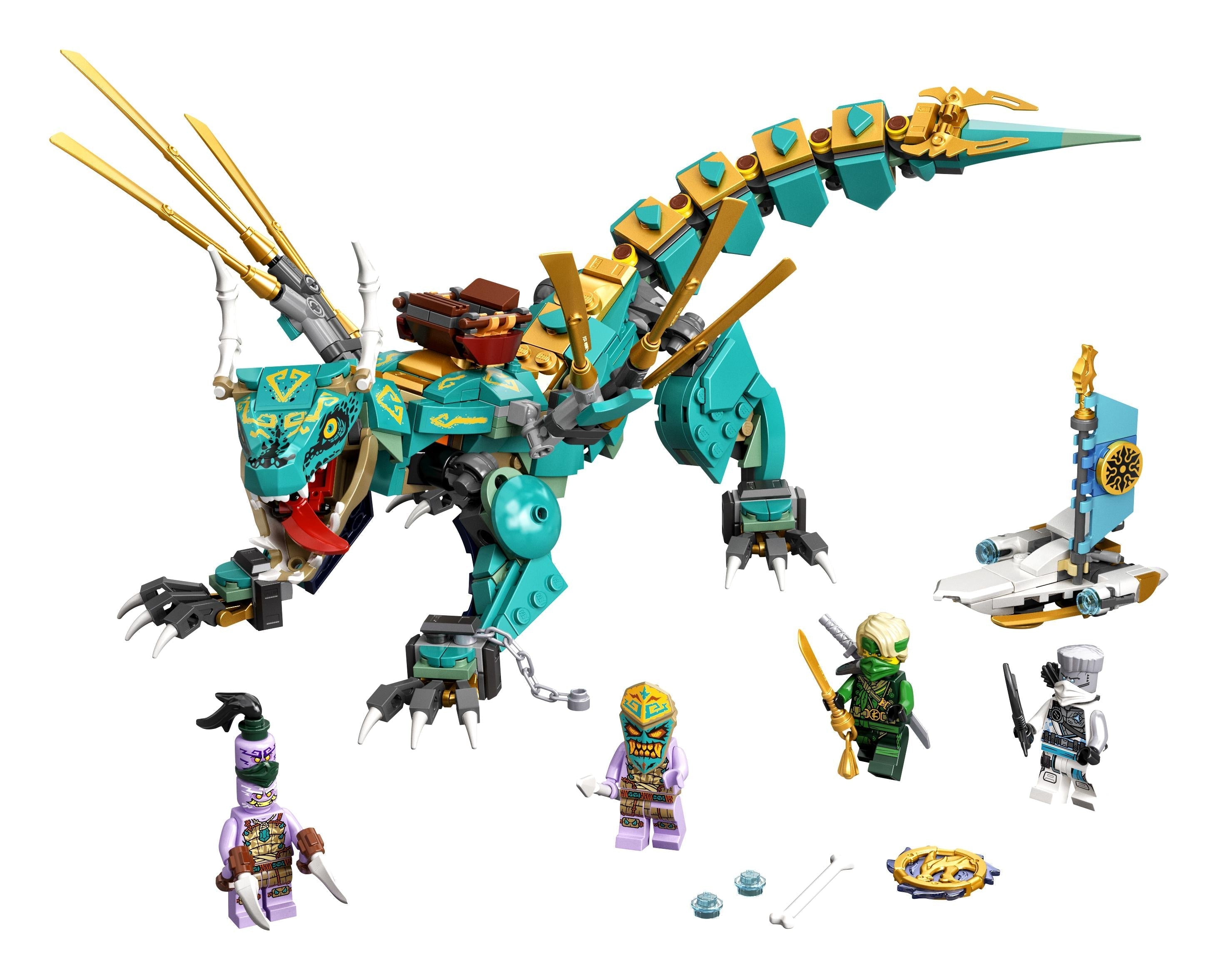 LEGO NINJAGO Jungle Dragon set 71746 featuring posable dragon and 4 minifigures for island adventures.