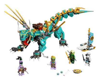 LEGO NINJAGO Jungle Dragon set 71746 featuring posable dragon and 4 minifigures for island adventures.