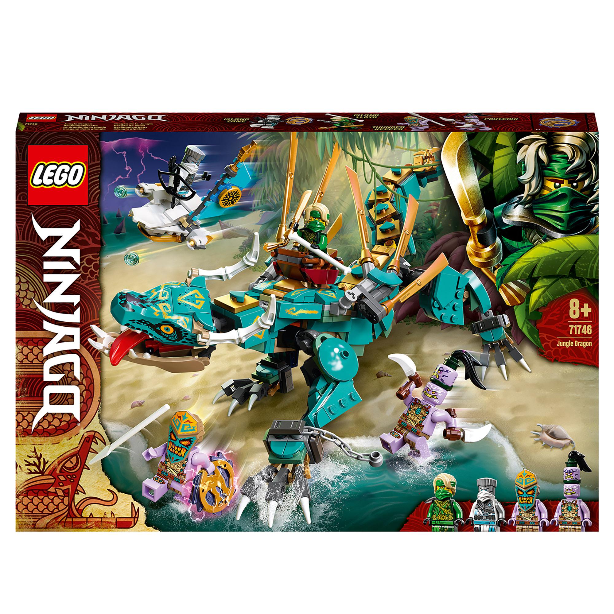 LEGO NINJAGO Jungle Dragon set 71746 featuring a posable dragon and 4 minifigures for exciting island adventures.