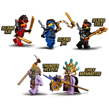 LEGO NINJAGO characters: Island Kai, Island Cole, Island Jay, Thunder Keeper, Chief Mammatus from set 71747.
