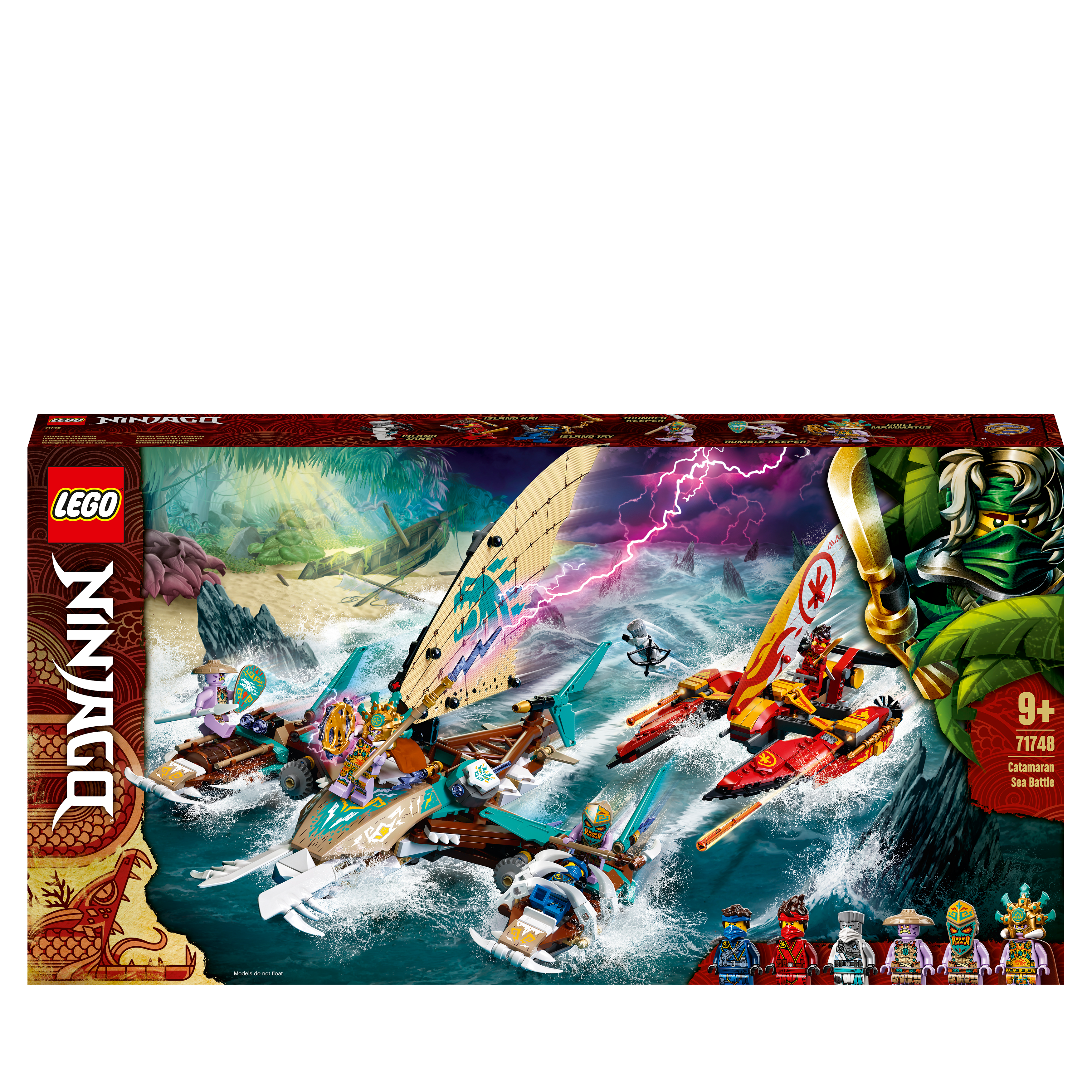 LEGO NINJAGO Catamaran Sea Battle Building Set 71748 featuring 4 boats and 6 minifigures for thrilling sea battles.