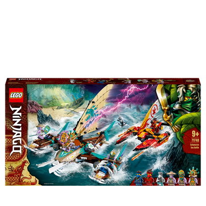 LEGO NINJAGO Catamaran Sea Battle Building Set 71748 featuring 4 boats and 6 minifigures for thrilling sea battles.