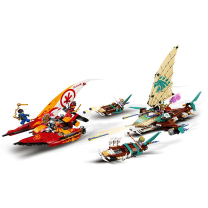 LEGO NINJAGO Catamaran Sea Battle set 71748 with 4 boats and 6 minifigures for thrilling sea battle adventures.