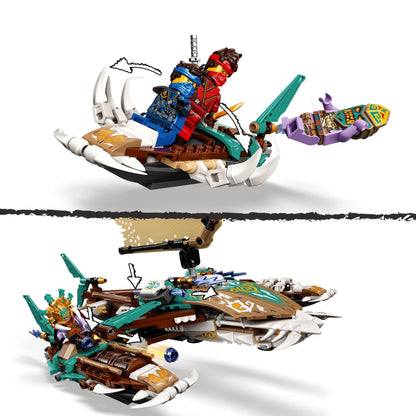 LEGO NINJAGO Catamaran Sea Battle set featuring minifigures on boats in action scenes.