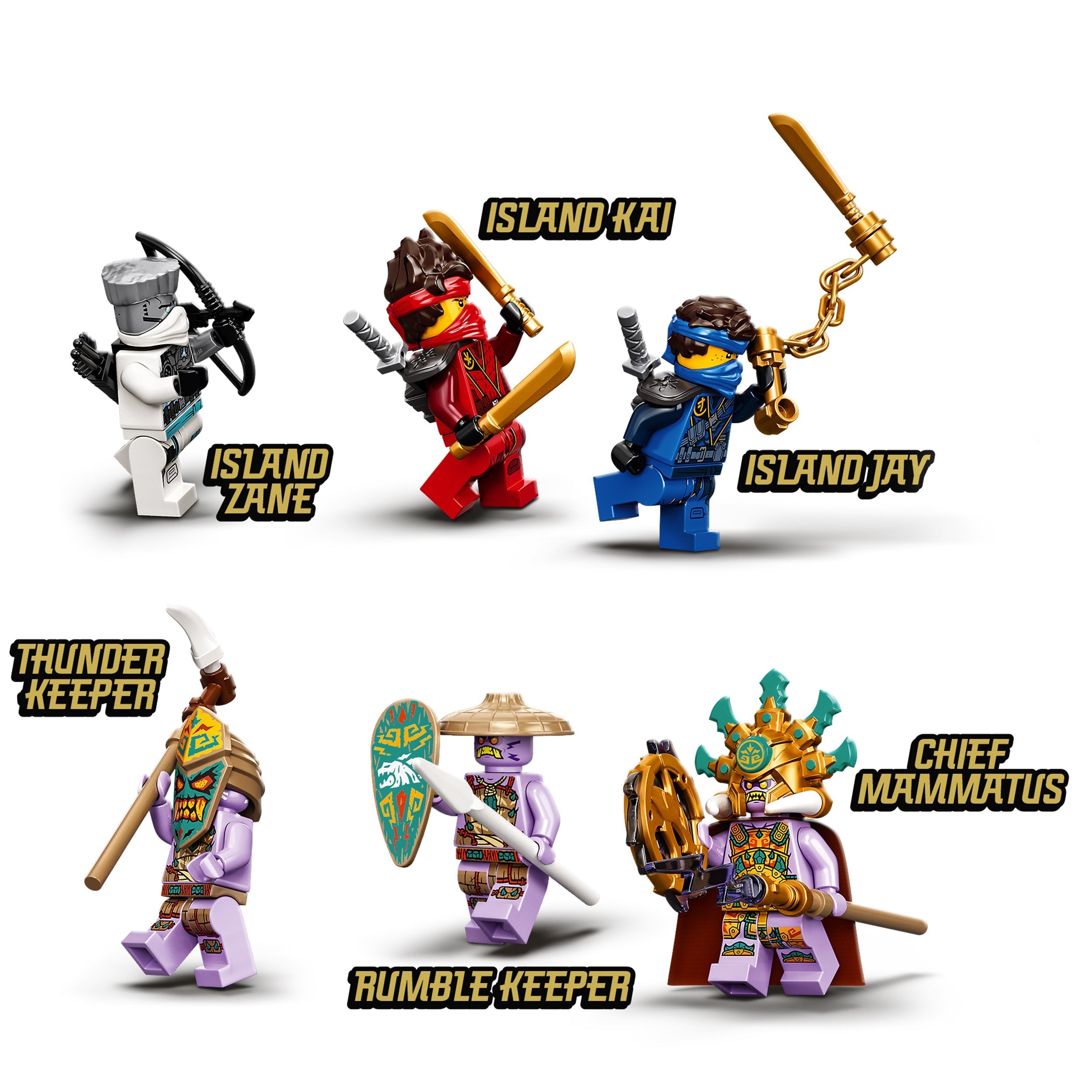 LEGO NINJAGO minifigures: Island Zane, Island Kai, Island Jay, Thunder Keeper, Rumble Keeper, Chief Mammatus for battle scenes.