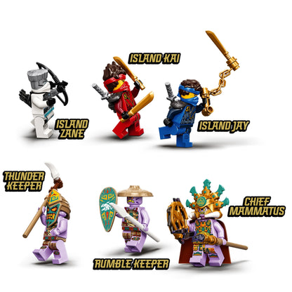LEGO NINJAGO minifigures: Island Zane, Island Kai, Island Jay, Thunder Keeper, Rumble Keeper, Chief Mammatus for battle scenes.