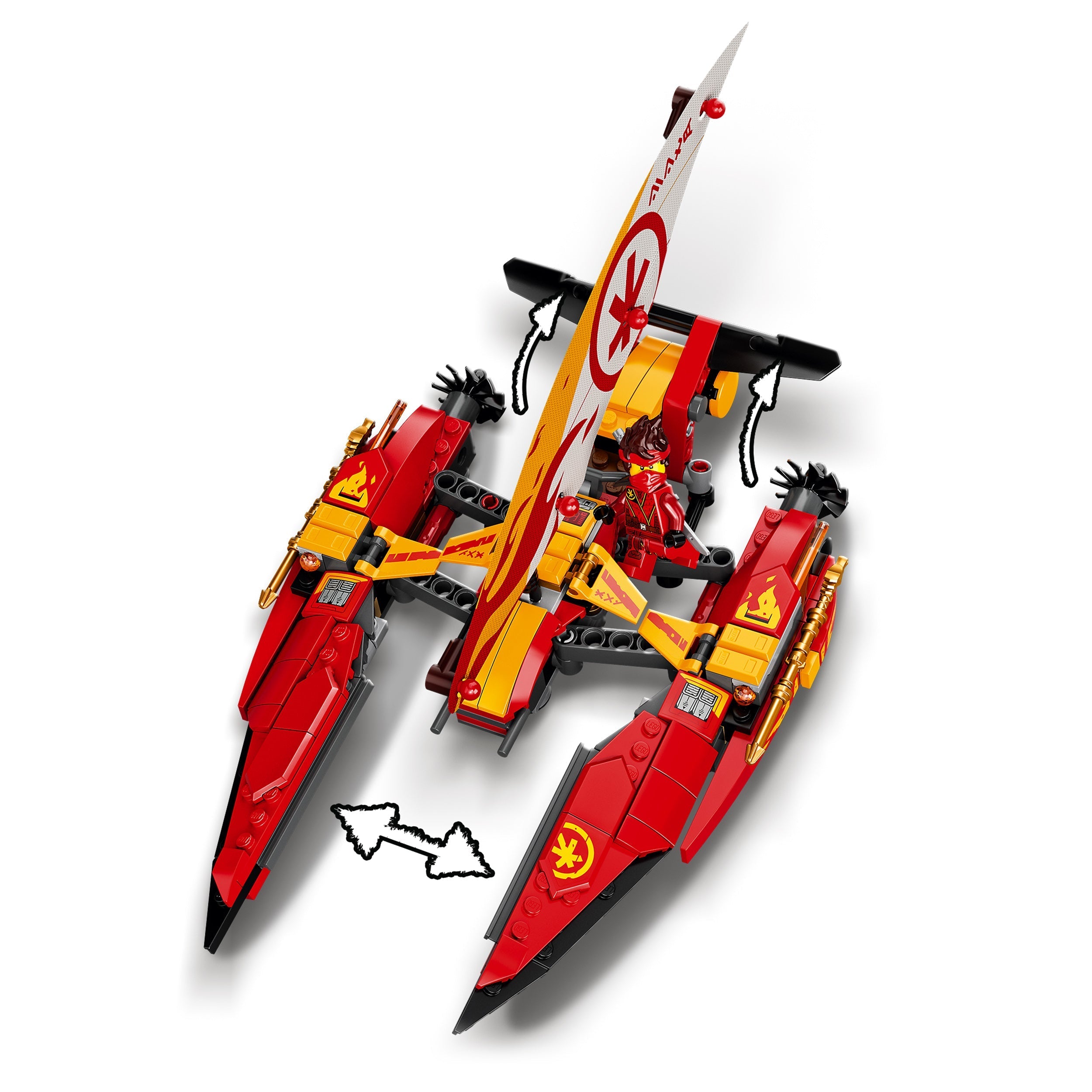 LEGO NINJAGO Catamaran Sea Battle set 71748 featuring red and yellow catamaran with sail and minifigures for epic battles.