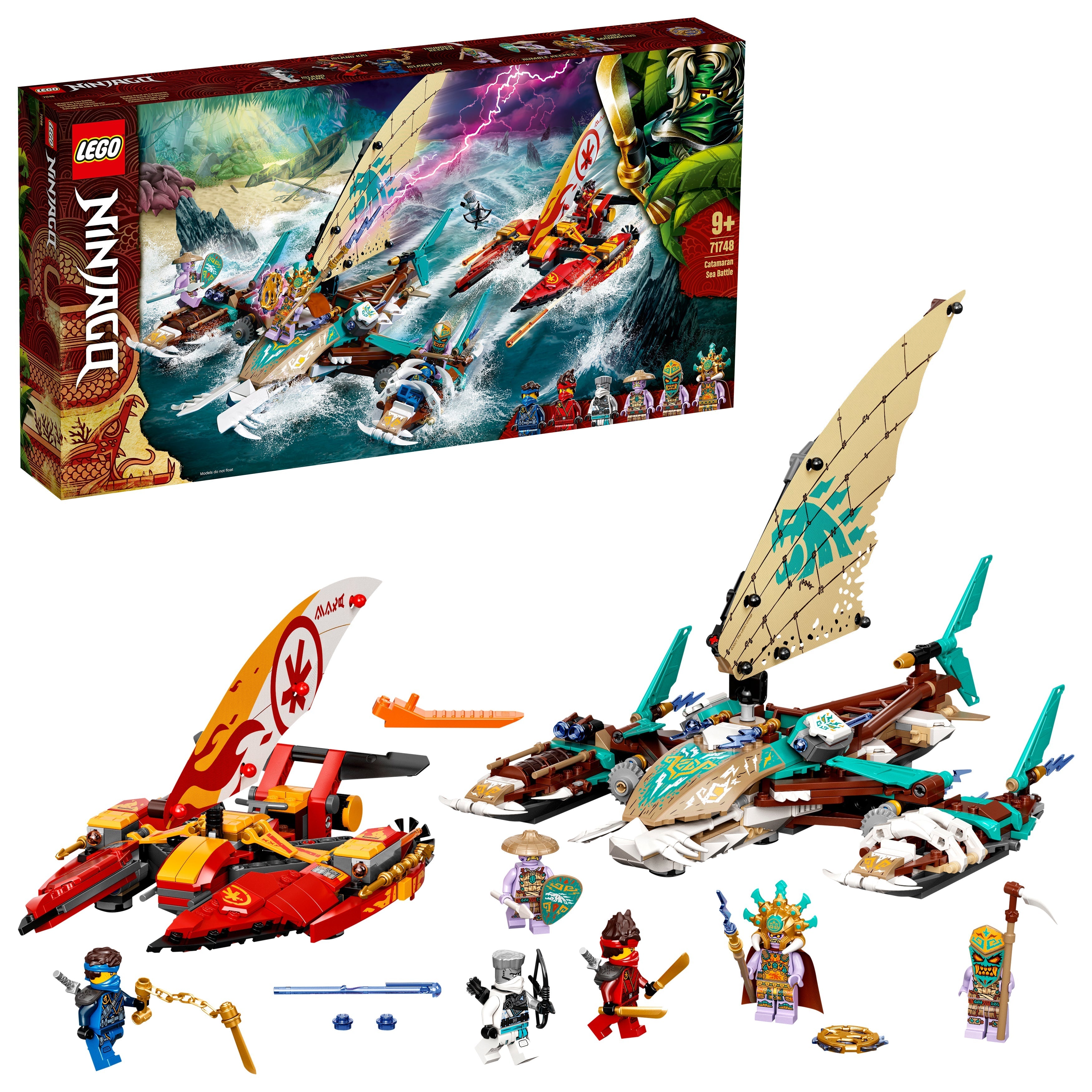 LEGO NINJAGO Catamaran Sea Battle set 71748 with minifigures and boats for thrilling sea adventures.