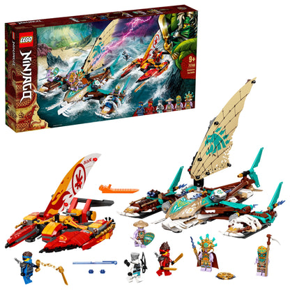 LEGO NINJAGO Catamaran Sea Battle set 71748 with minifigures and boats for thrilling sea adventures.