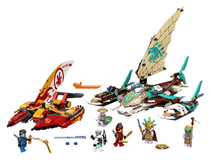 LEGO NINJAGO Catamaran Sea Battle set 71748 with 4 boats and 6 minifigures for exciting sea adventures.