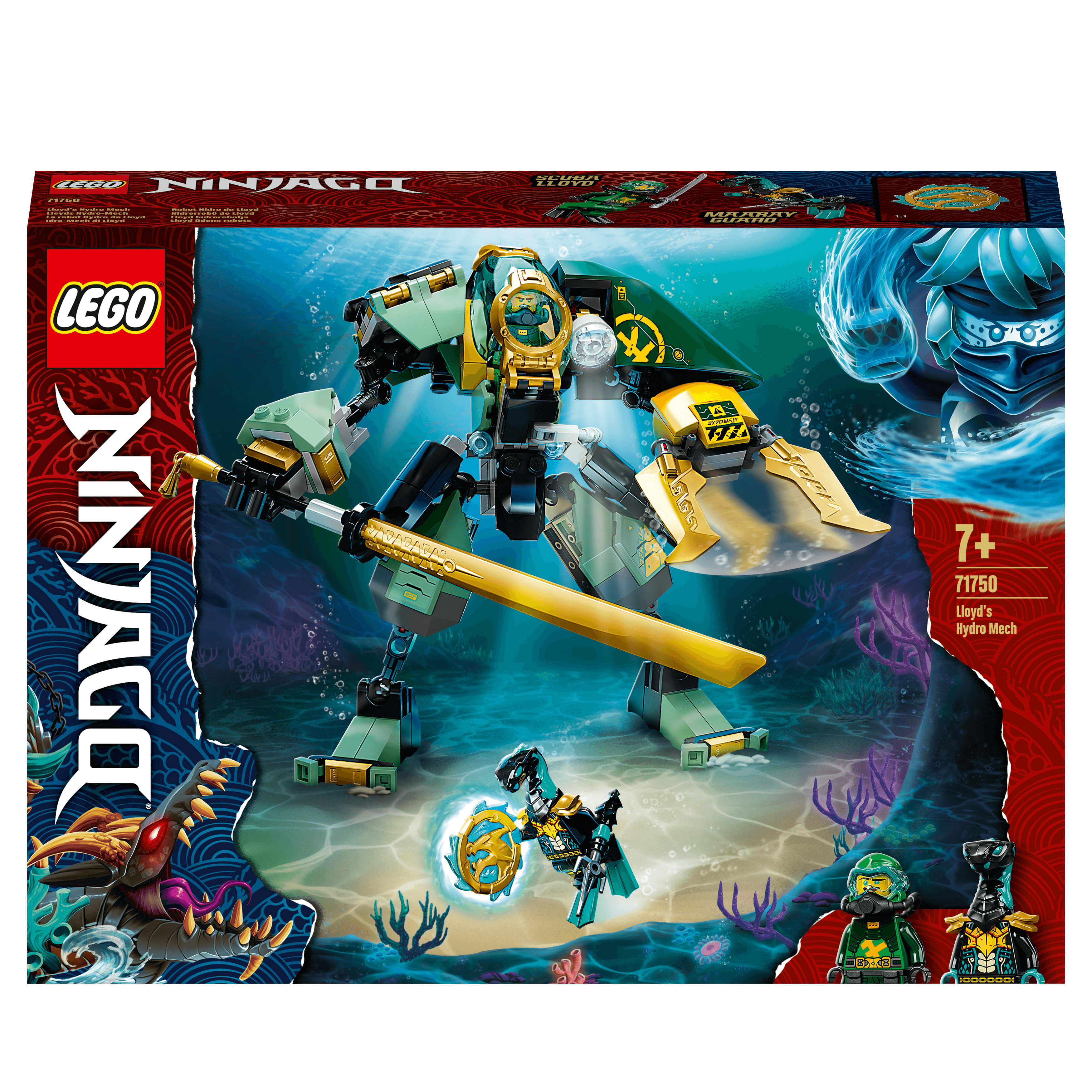 LEGO NINJAGO Lloyd's Hydro Mech Set 71750 featuring underwater action with minifigures, perfect for creative play.