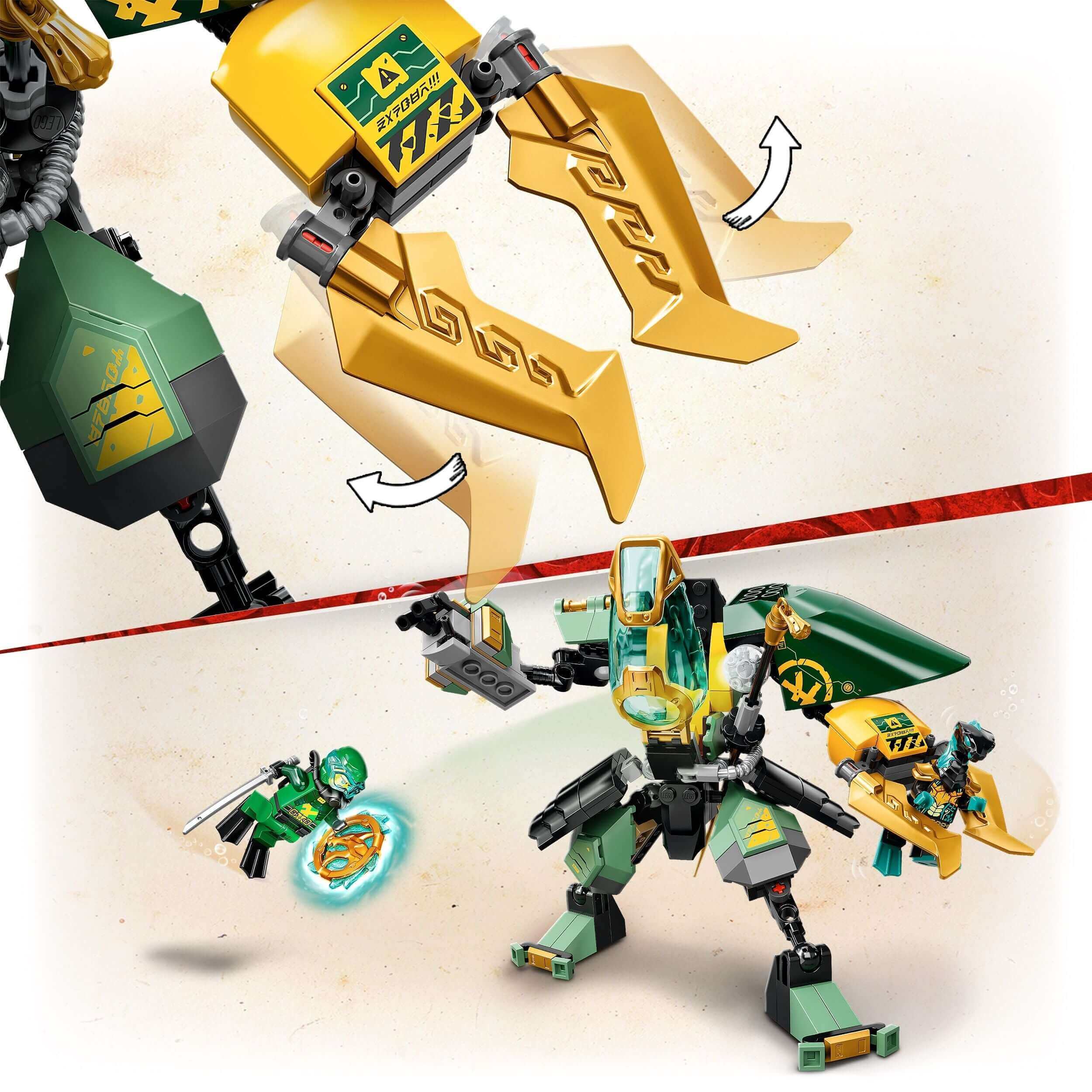 LEGO NINJAGO Lloyd's Hydro Mech figure set 71750 with minifigures and movable parts for fun underwater adventures.