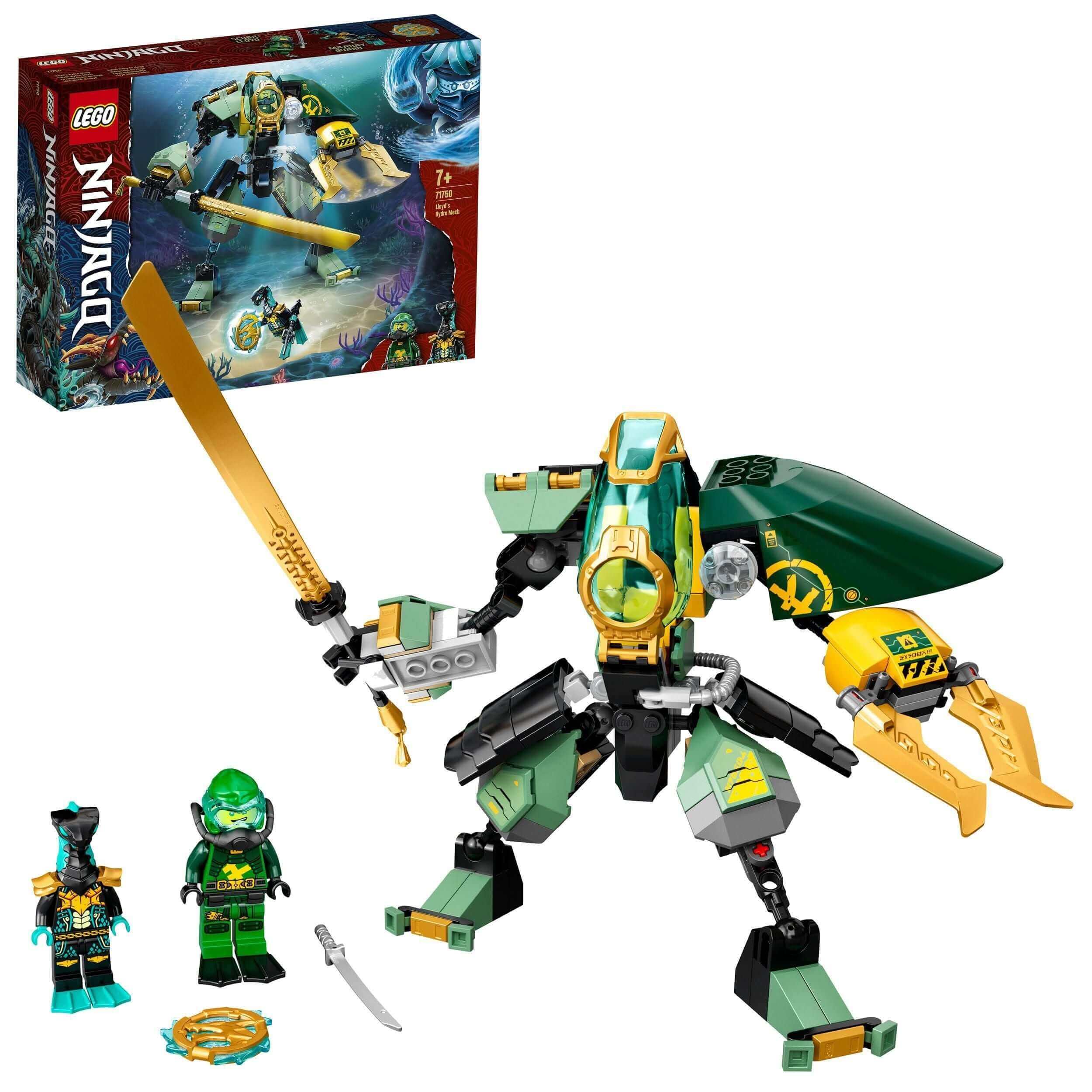 LEGO NINJAGO Lloyd’s Hydro Mech Set 71750 with minifigures and mech toy, perfect for underwater adventures.