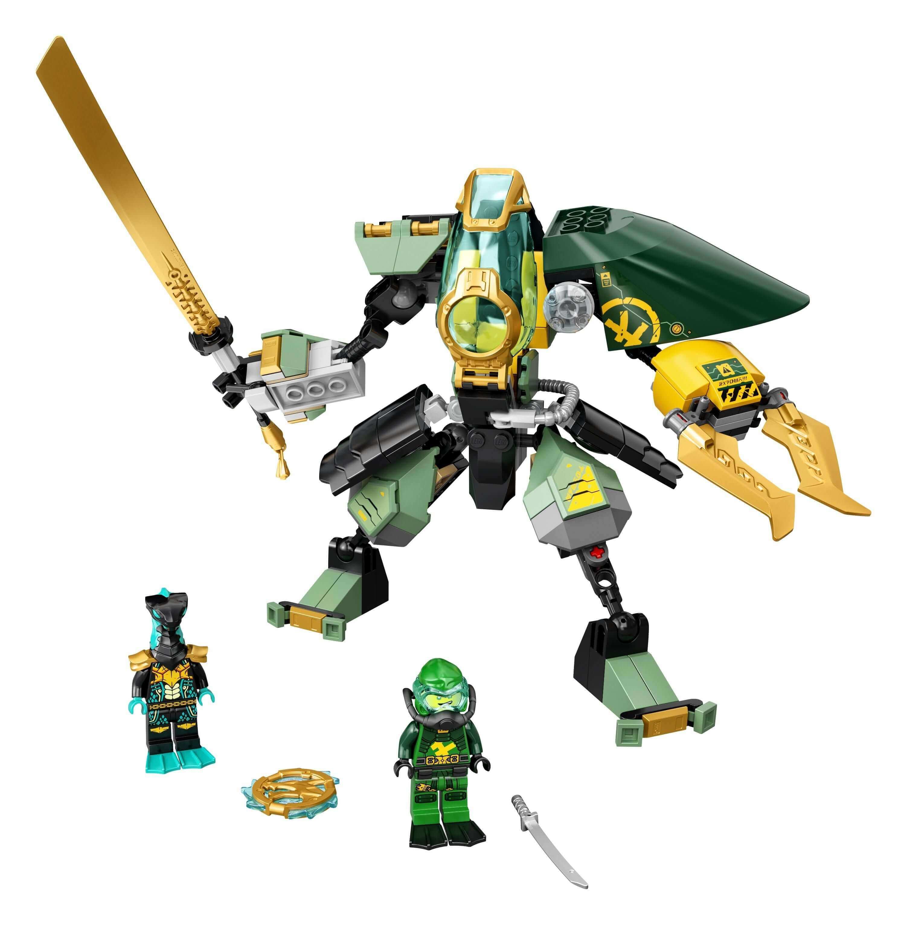 LEGO NINJAGO Lloyd's Hydro Mech Figure Set 71750 with two minifigures and mech toy, ideal for underwater action play.