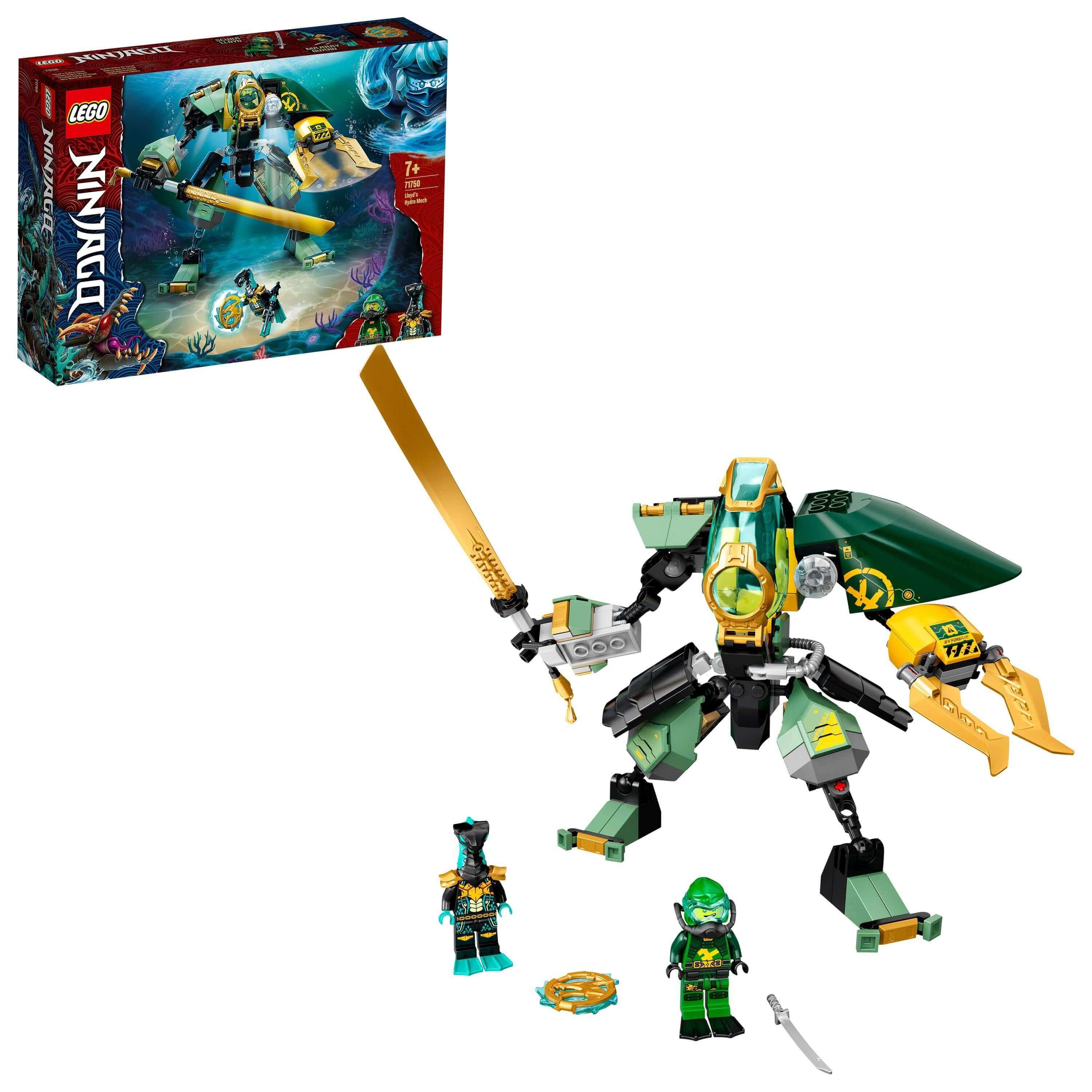 LEGO NINJAGO Lloyd’s Hydro Mech toy set 71750 with minifigures showcasing underwater action.