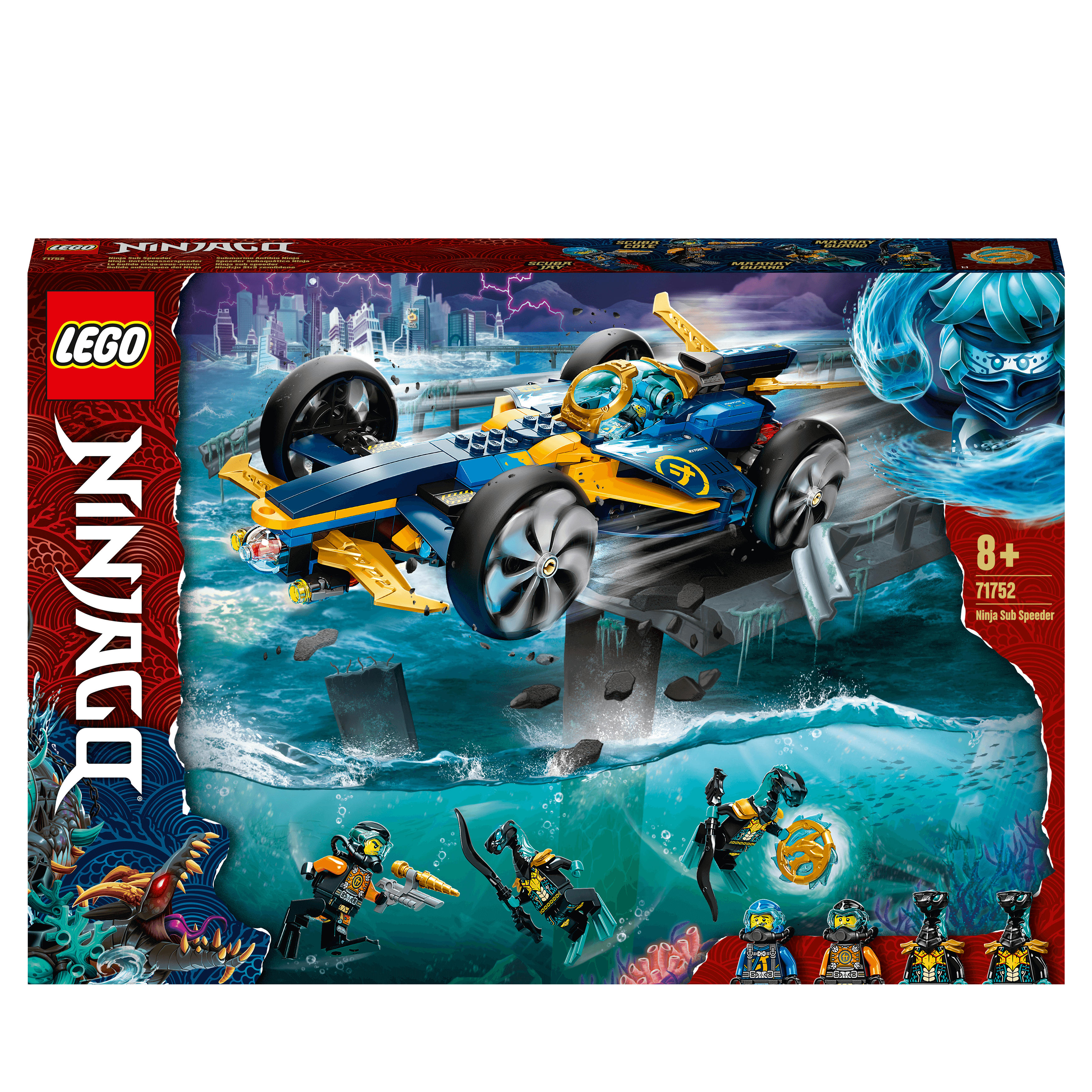 LEGO NINJAGO Ninja Sub Speeder Car Toy 71752 packaging with amphibious car and 4 minifigures for creative play.