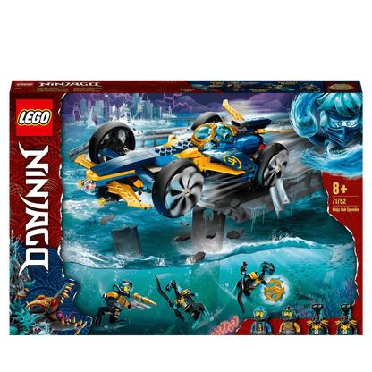 LEGO NINJAGO Ninja Sub Speeder Car Toy 71752 packaging with amphibious car and 4 minifigures for creative play.