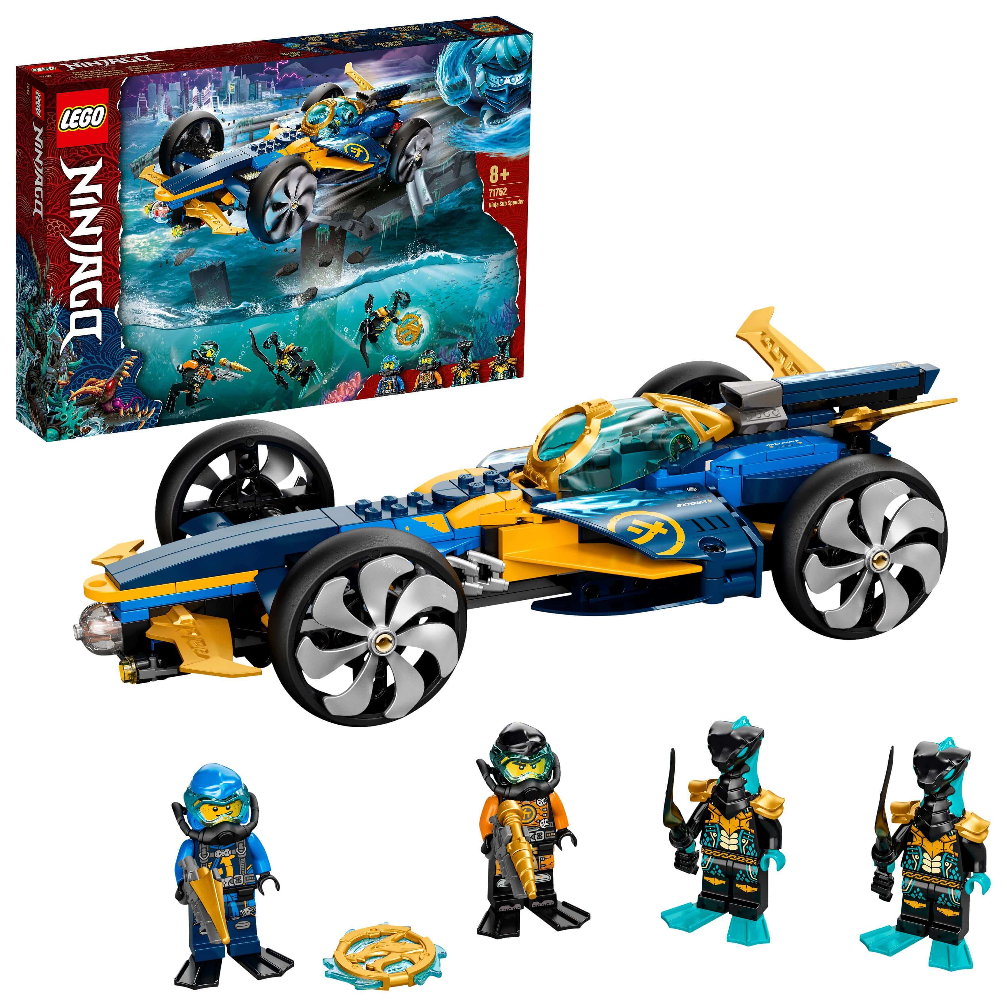 LEGO NINJAGO Ninja Sub Speeder Car Toy 71752 with minifigures in front of the box, ideal for thrilling adventures.