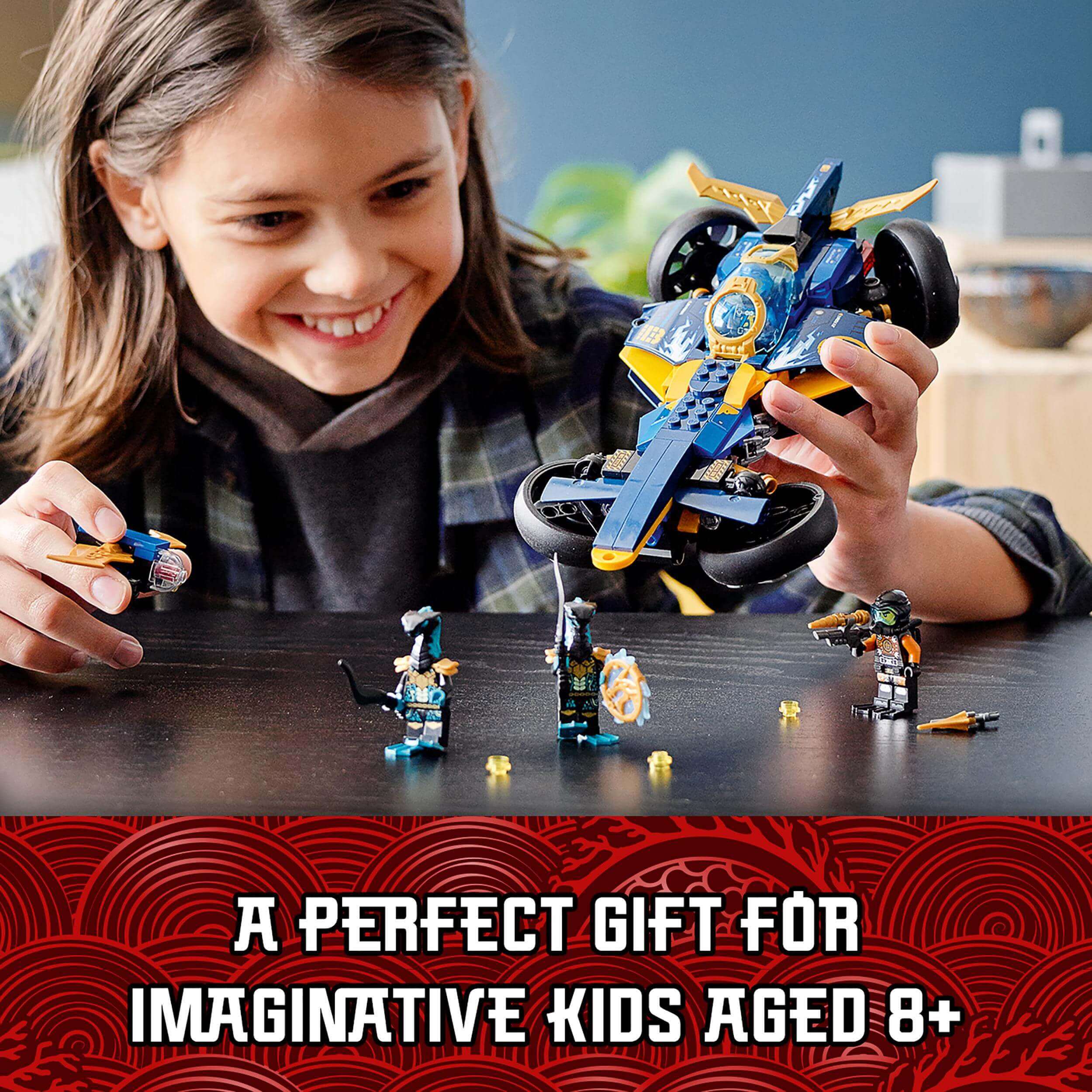 Child playing with LEGO NINJAGO Ninja Sub Speeder 71752 car set, ideal gift for kids aged 8+.