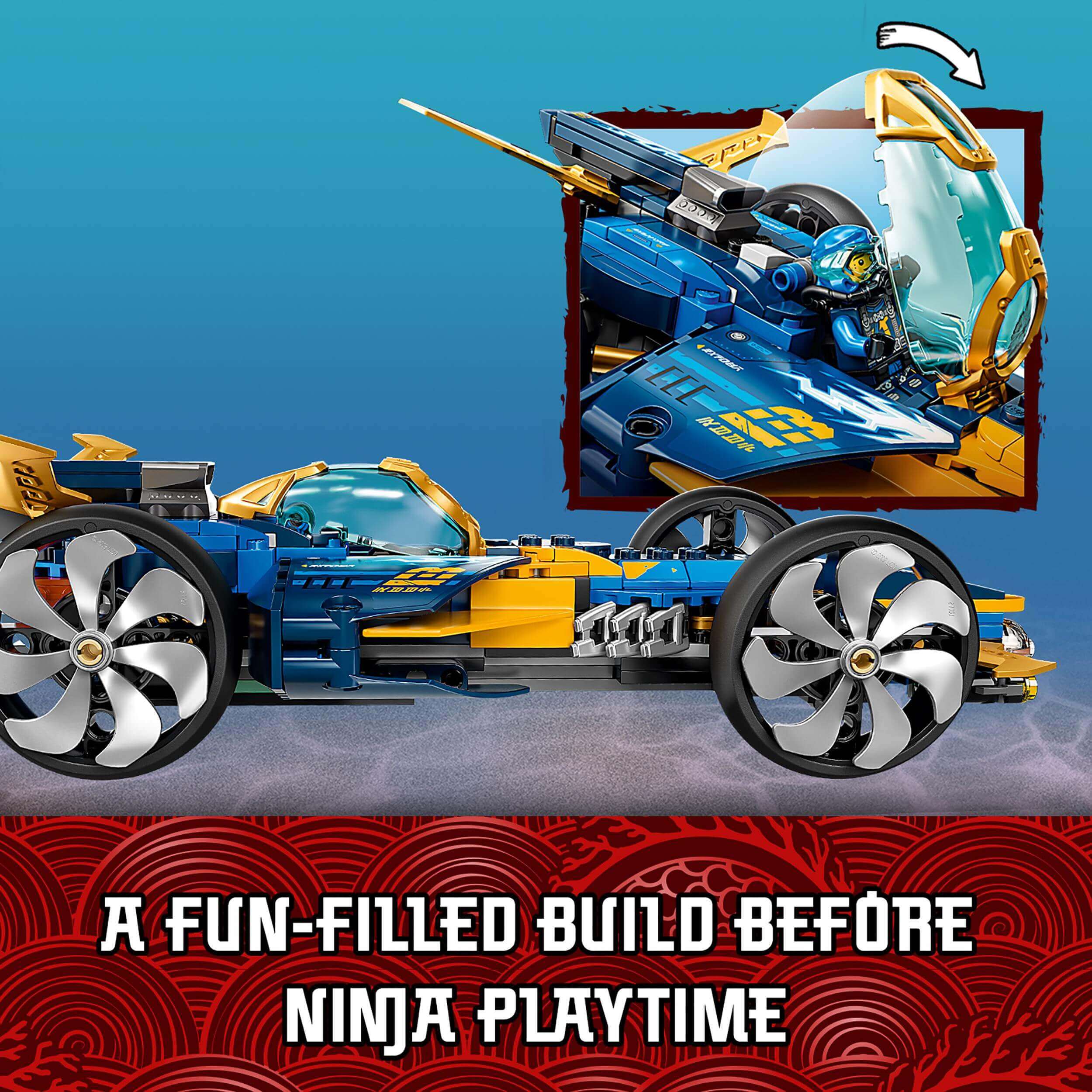 LEGO® NINJAGO Ninja Sub Speeder car toy with blue and yellow design, showcasing minifigure in cockpit, perfect for imaginative play.
