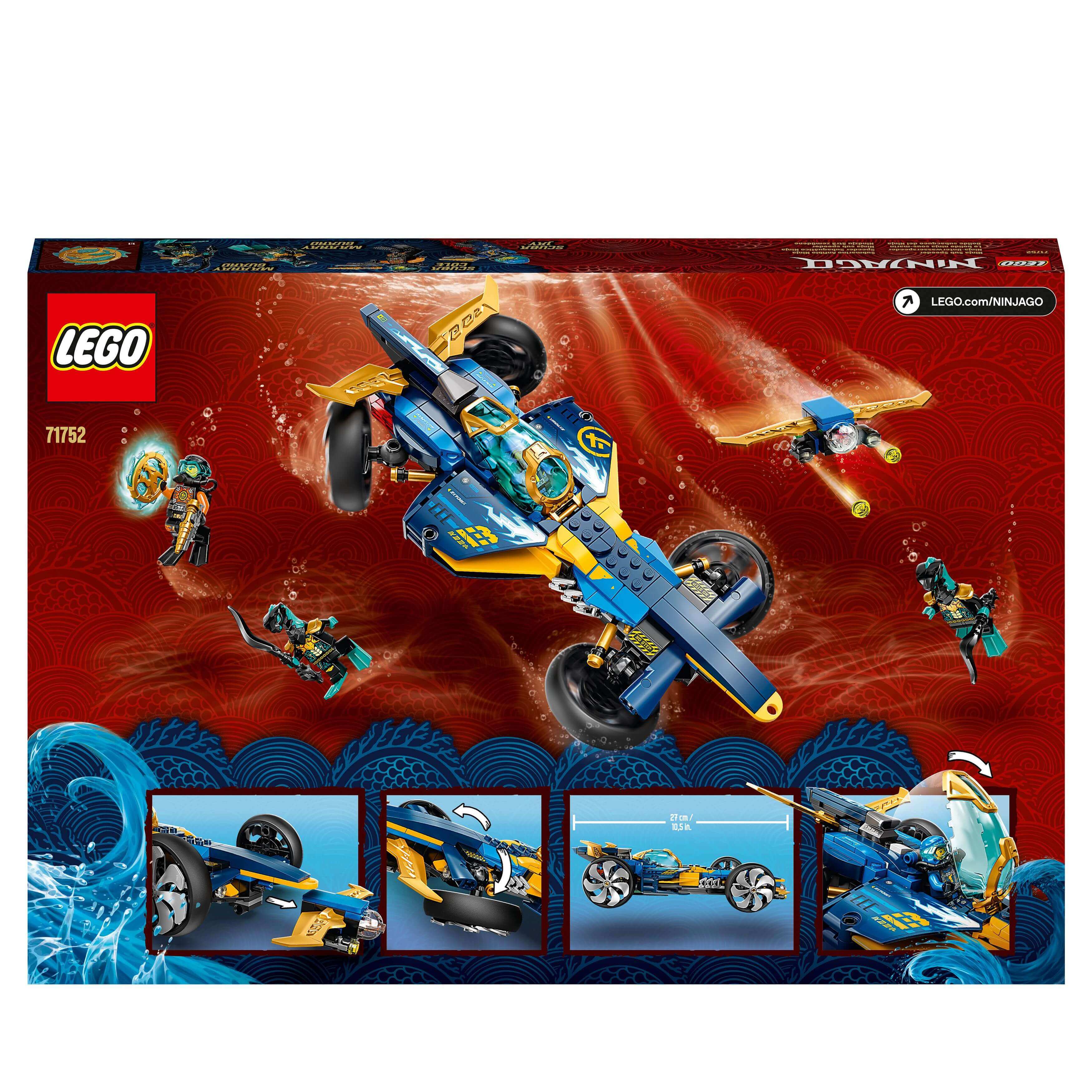 LEGO NINJAGO Ninja Sub Speeder 71752 car toy with minifigures in an action-packed underwater setting.