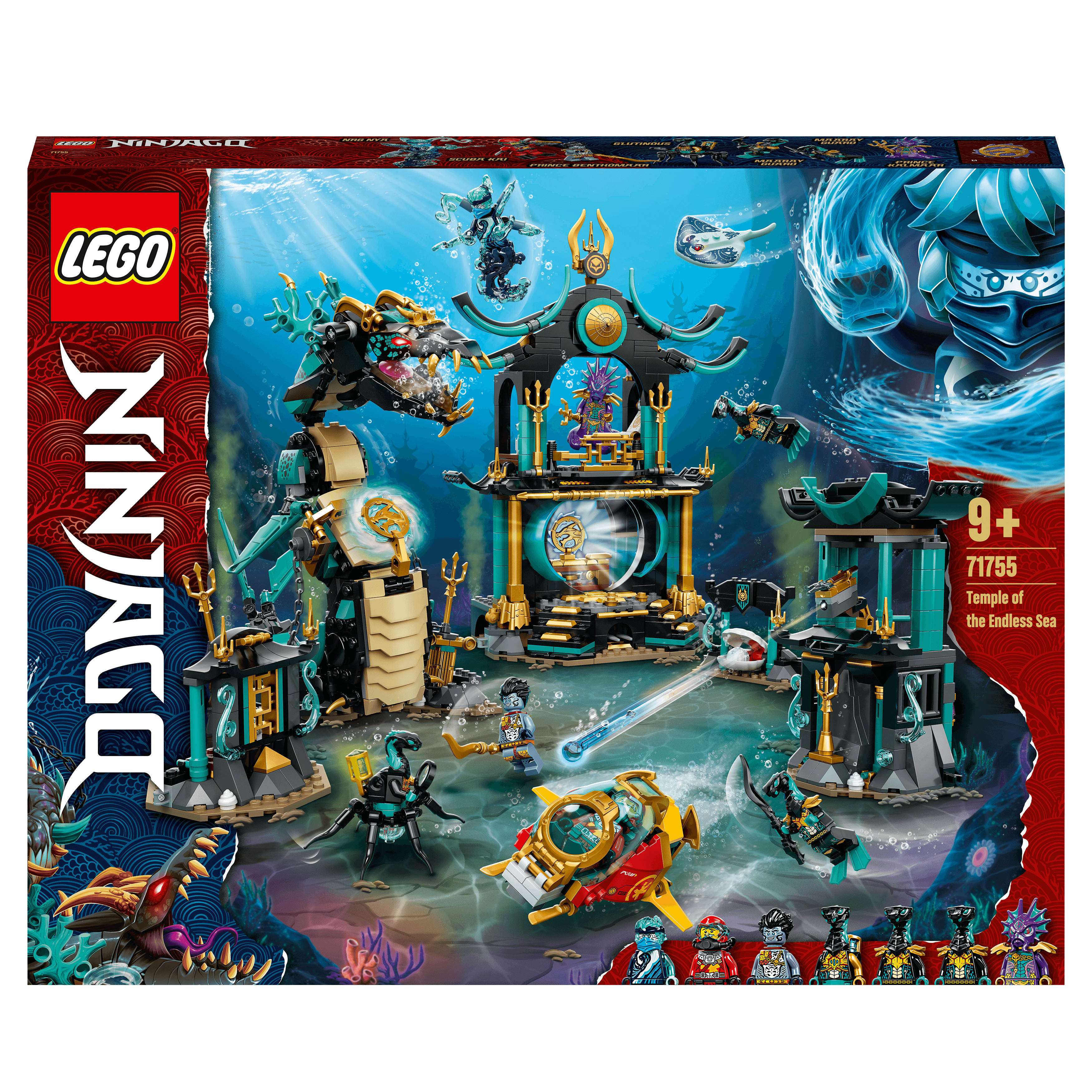 LEGO NINJAGO Temple of the Endless Sea Set 71755 featuring underwater battle scenes and 7 minifigures.