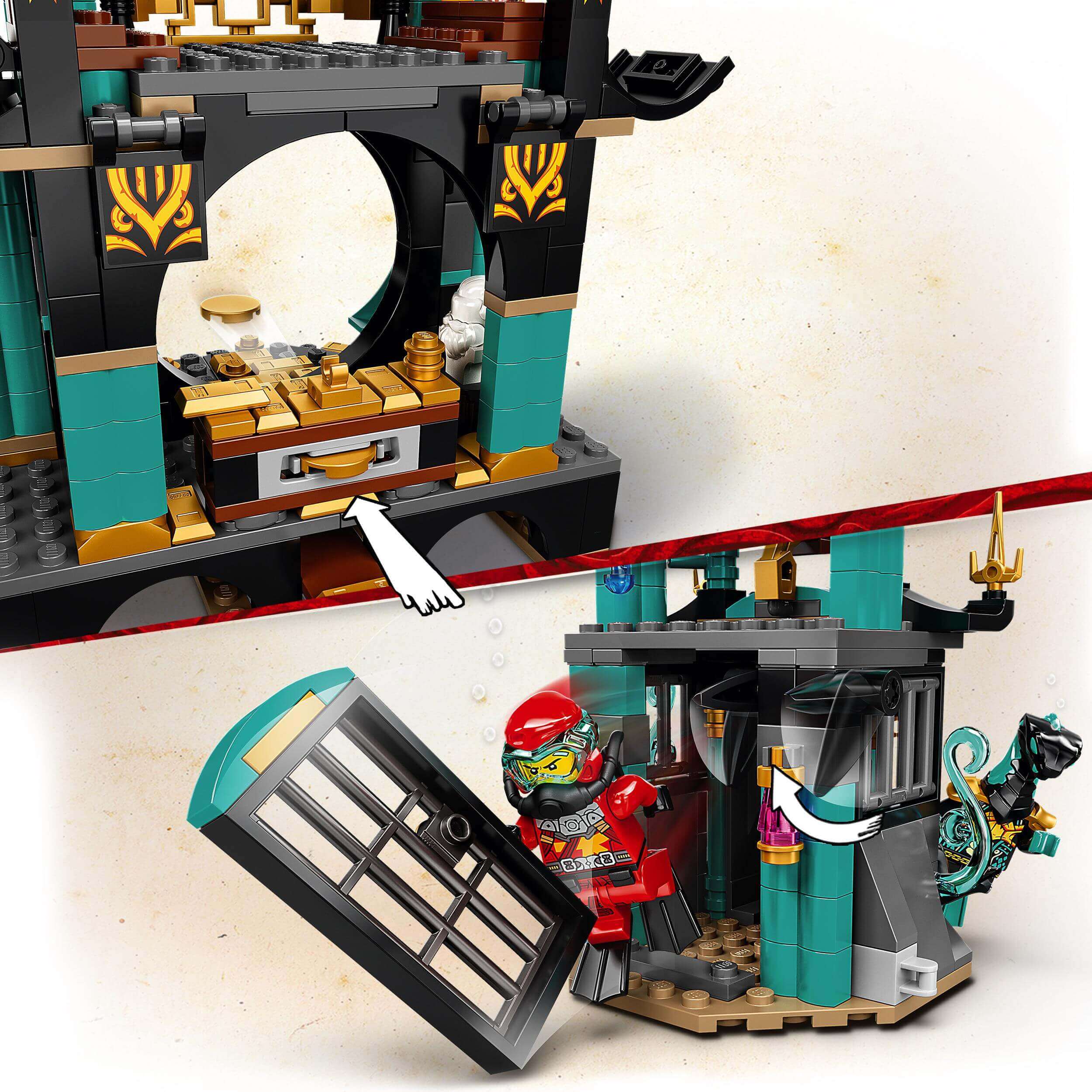 LEGO NINJAGO Temple of the Endless Sea Set 71755 showing underwater battle scene with minifigures and hidden features.