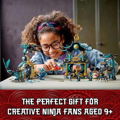 Child playing with LEGO NINJAGO Temple of the Endless Sea set 71755, perfect for ninja fans aged 9 and up.