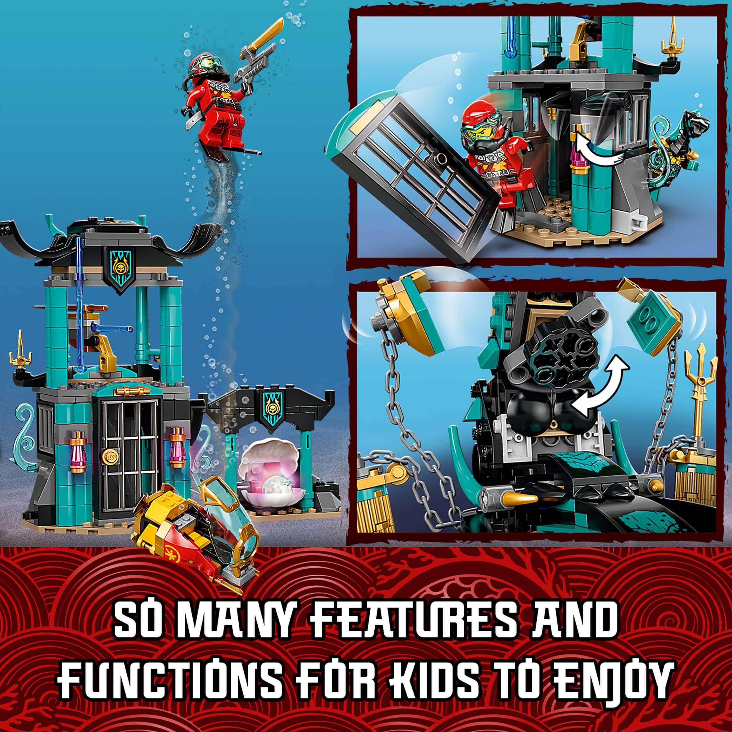 LEGO NINJAGO Temple of the Endless Sea Set 71755 with minifigures showcasing underwater battles and play features.