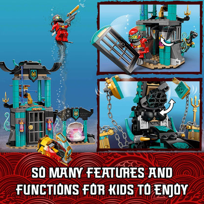 LEGO NINJAGO Temple of the Endless Sea Set 71755 with minifigures showcasing underwater battles and play features.