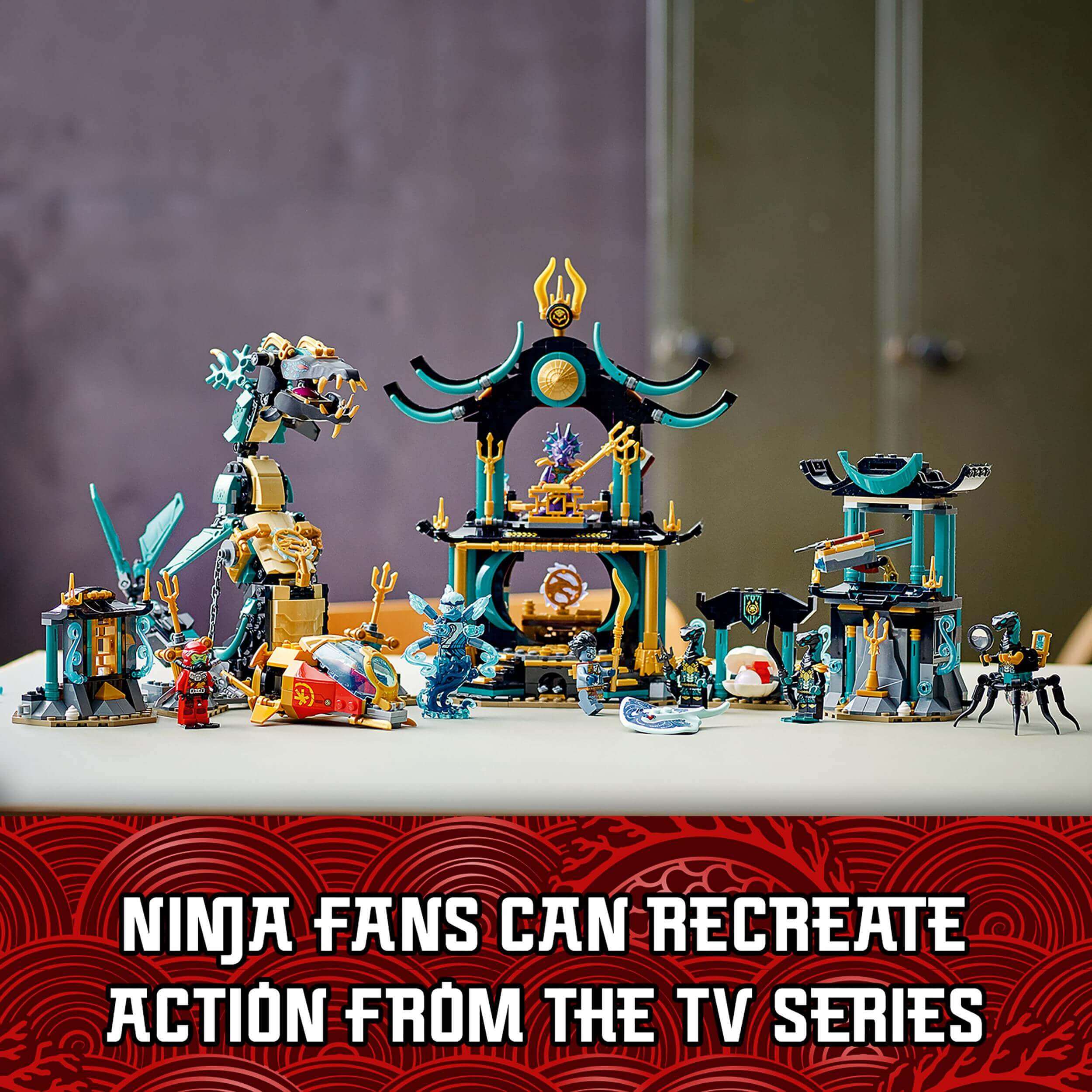LEGO NINJAGO Temple of the Endless Sea Set 71755, featuring underwater battle scenes and 7 minifigures from the Seabound series.