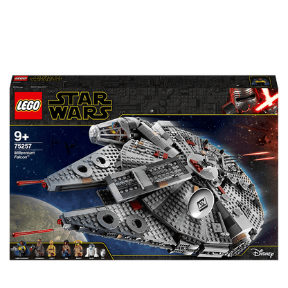 LEGO Star Wars Millennium Falcon Set 75257 packaging featuring details for epic adventures in the galaxy.