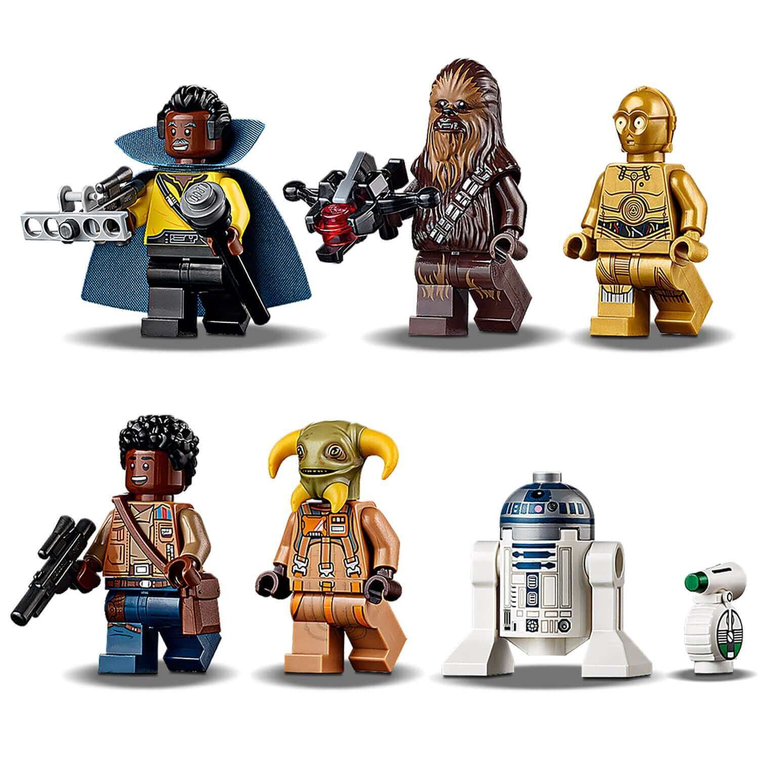 LEGO Star Wars minifigures including Lando, Chewbacca, C-3PO, and R2-D2, perfect for Millennium Falcon adventures.