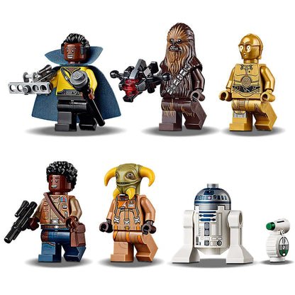 LEGO Star Wars minifigures including Lando, Chewbacca, C-3PO, and R2-D2, perfect for Millennium Falcon adventures.