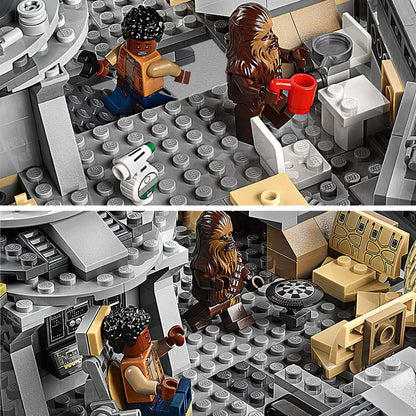LEGO Star Wars Millennium Falcon Set 75257 featuring Chewbacca and a character exploring the detailed interior.
