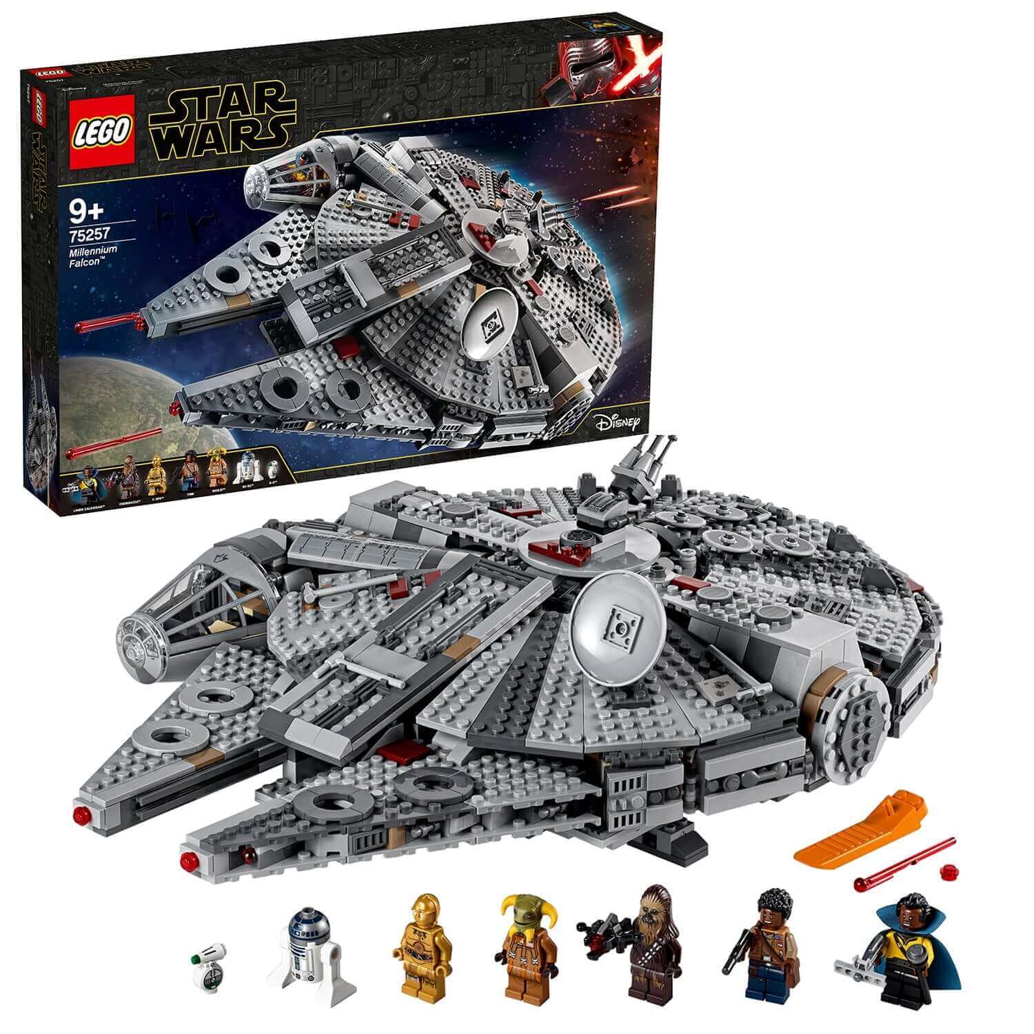 LEGO Star Wars Millennium Falcon Set 75257, featuring detailed ship and minifigures for epic adventures.