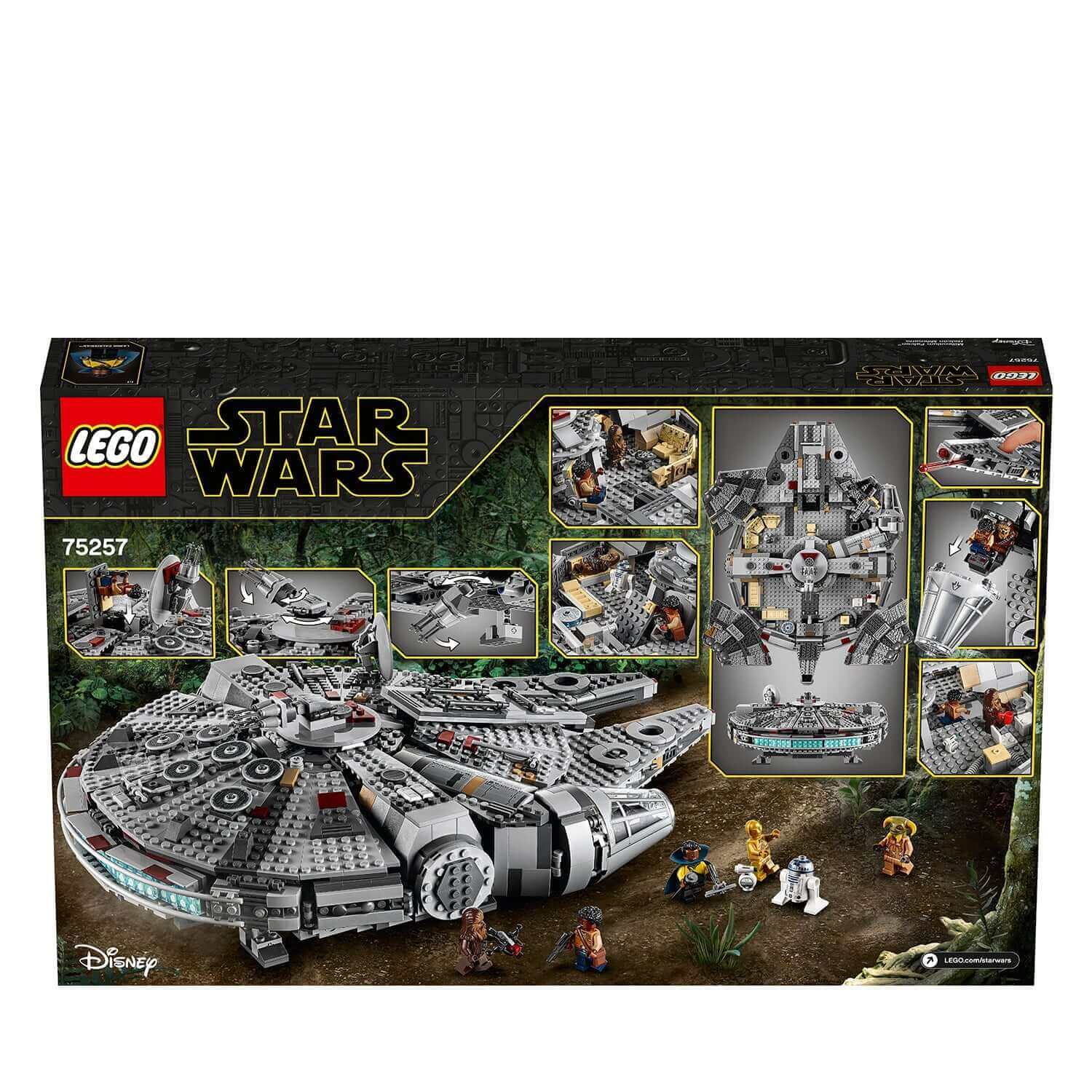 LEGO Star Wars Millennium Falcon Set 75257 box featuring detailed images and characters for epic adventures.