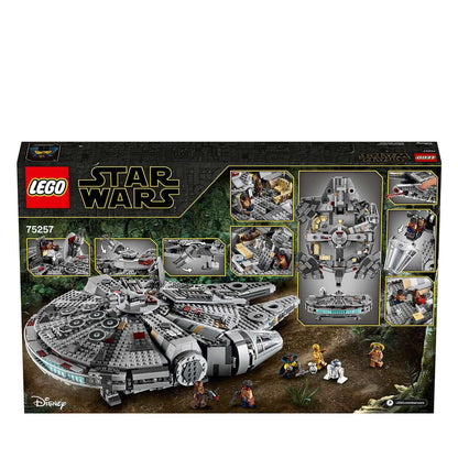 LEGO Star Wars Millennium Falcon Set 75257 box featuring detailed images and characters for epic adventures.
