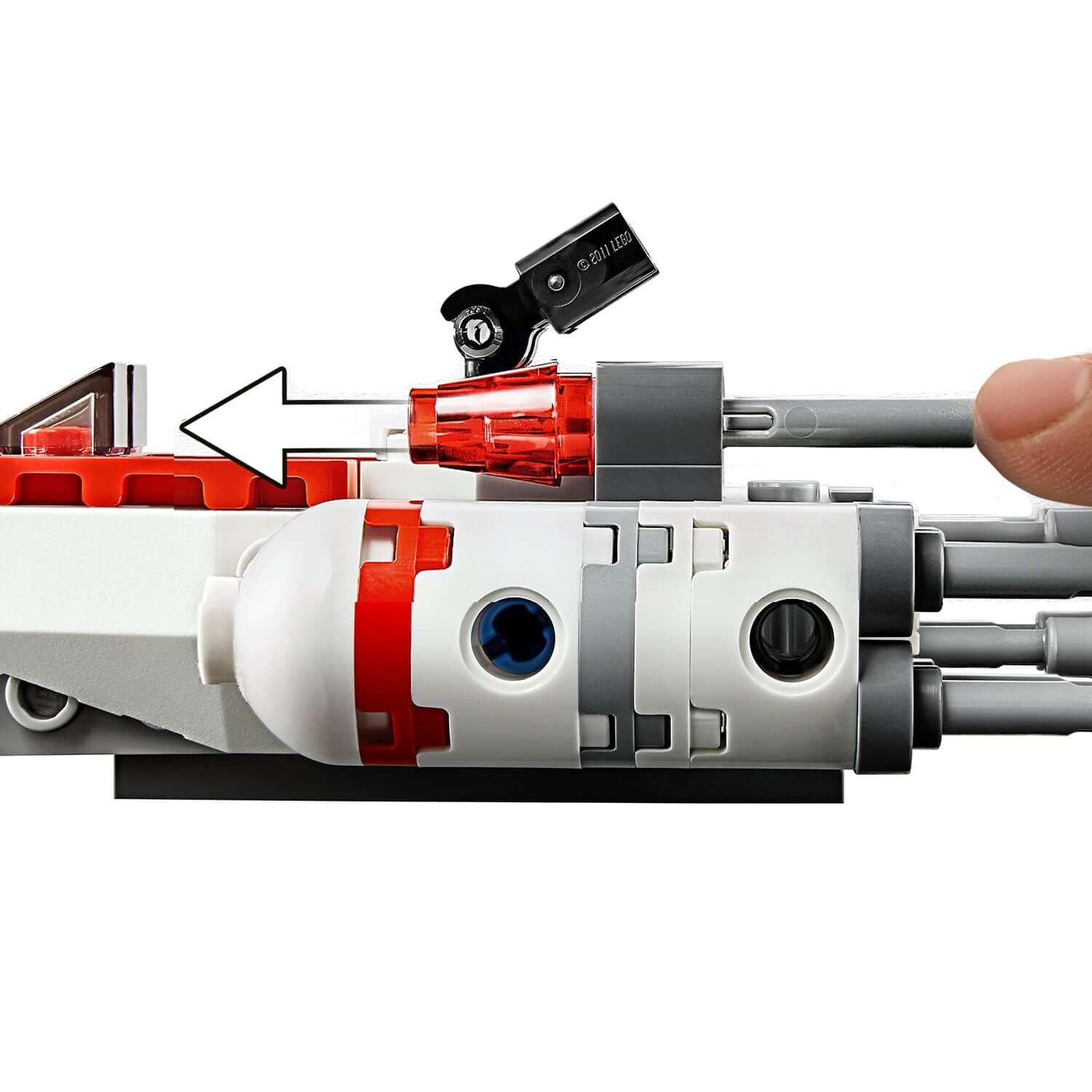 Close-up of LEGO® Star Wars Resistance Y-wing Microfighter showing interactive features and building elements.
