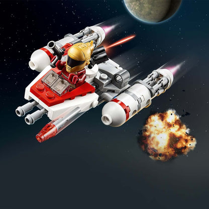 LEGO Star Wars Resistance Y-wing Microfighter 75263 with Zorii Bliss minifigure flying in space with explosions.
