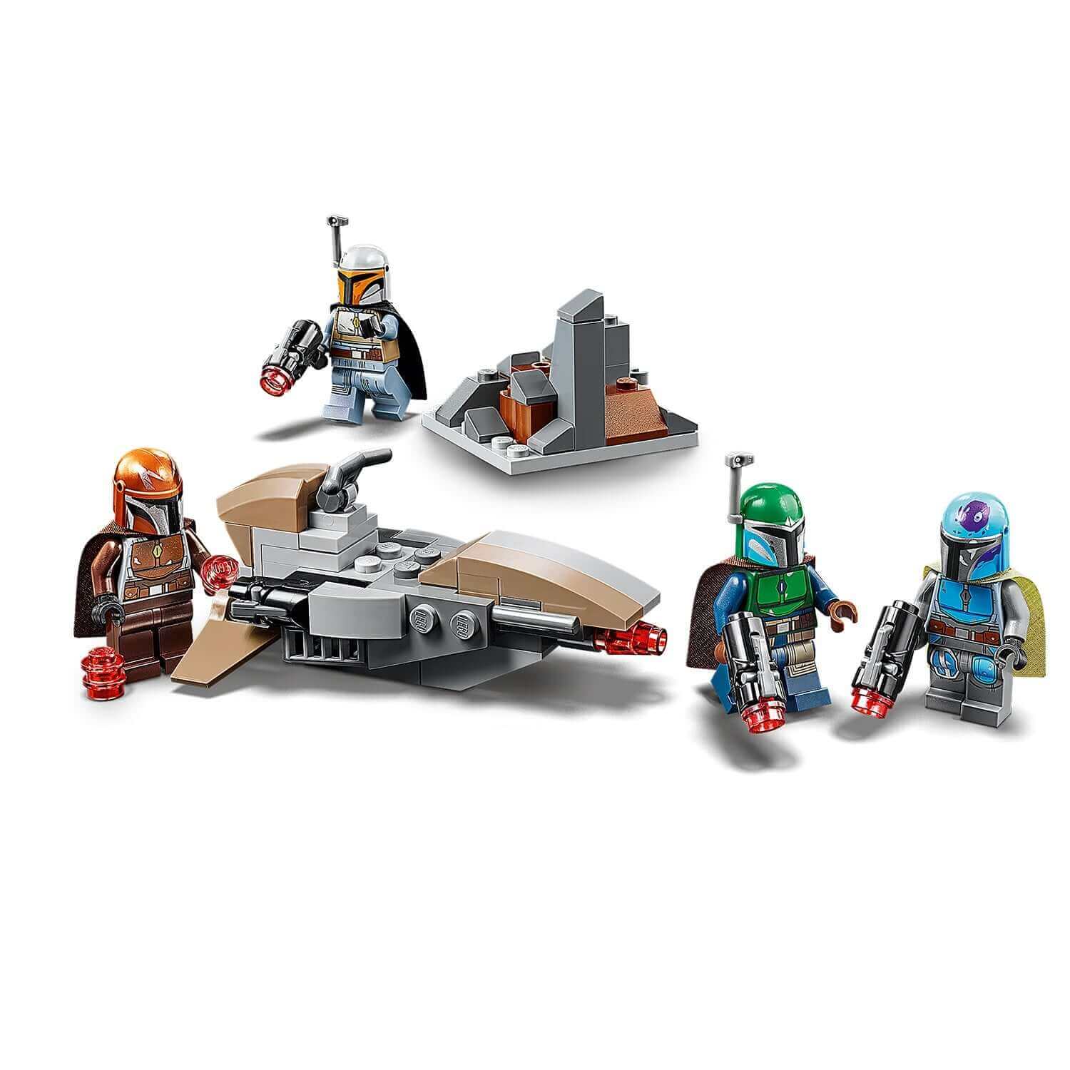 LEGO Star Wars Mandalorian Battle Pack 75267 with four minifigures, defense fort, and speeder for kids' creativity.