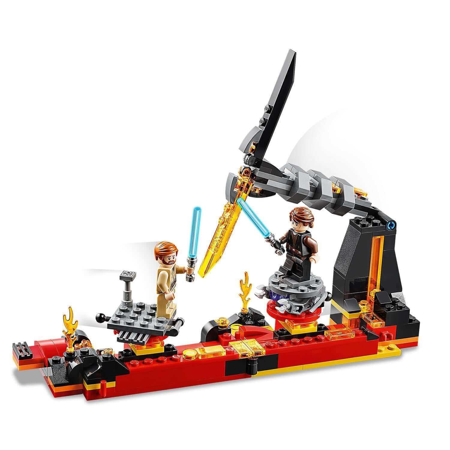 LEGO Star Wars Duel on Mustafar playset 75269 featuring Obi-Wan vs. Anakin lightsaber duel scene.