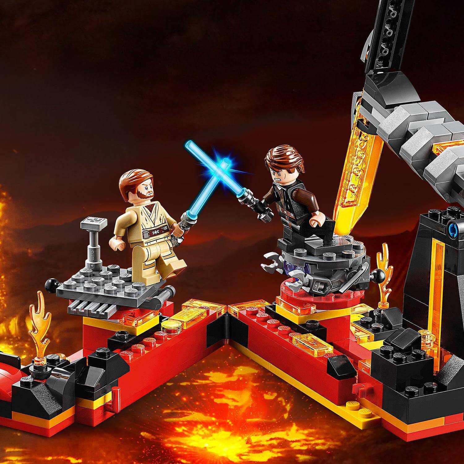 LEGO® Star Wars Duel on Mustafar playset featuring Obi-Wan Kenobi and Anakin Skywalker in an epic lightsaber battle.